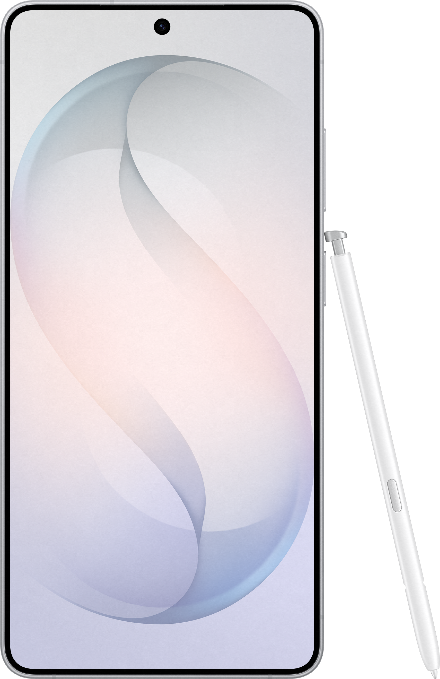 Un smartphone blanc avec un stylet, sur fond noir avec un dégradé doux.