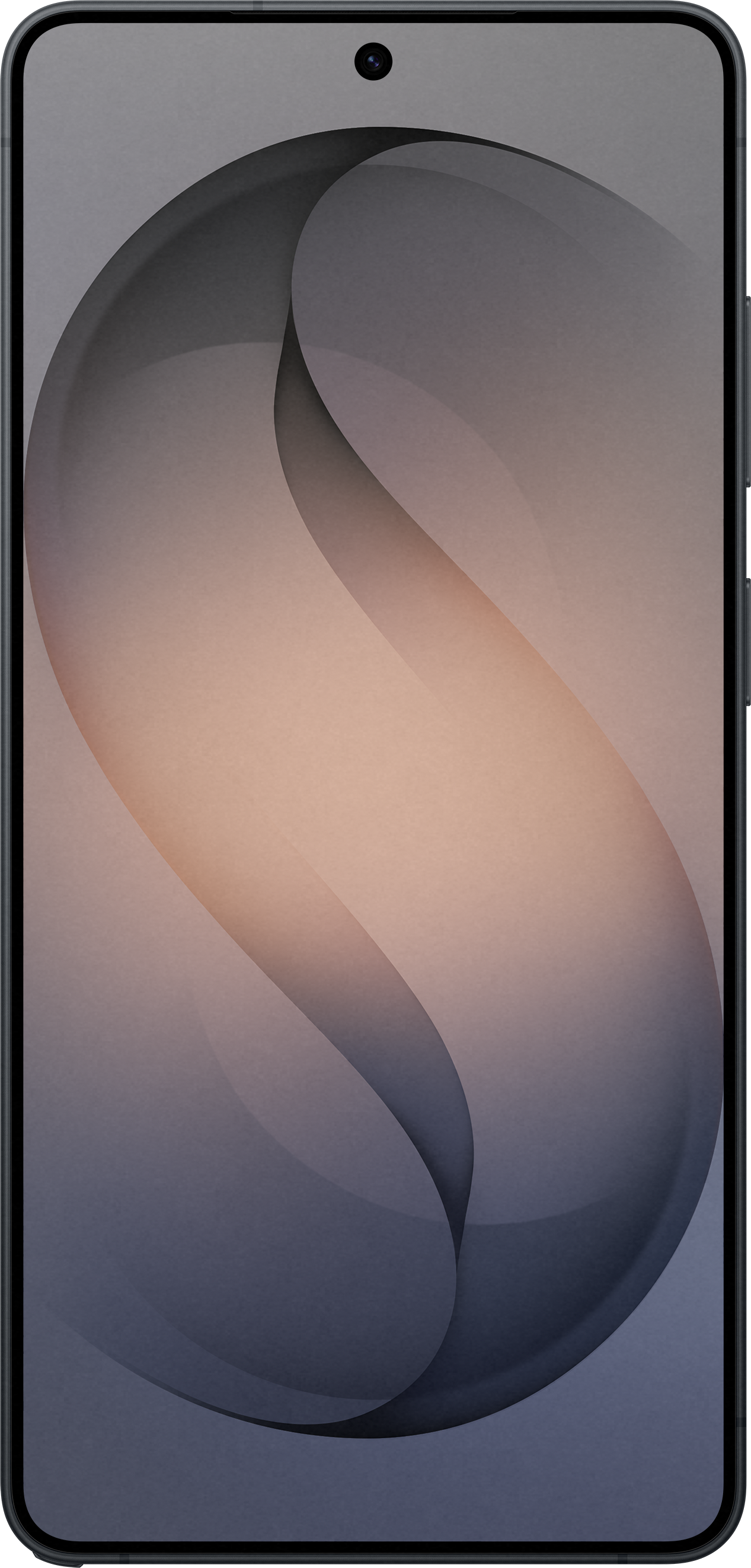 Un smartphone affichant un fond abstrait et incurvé dans des tons gris et pêche.