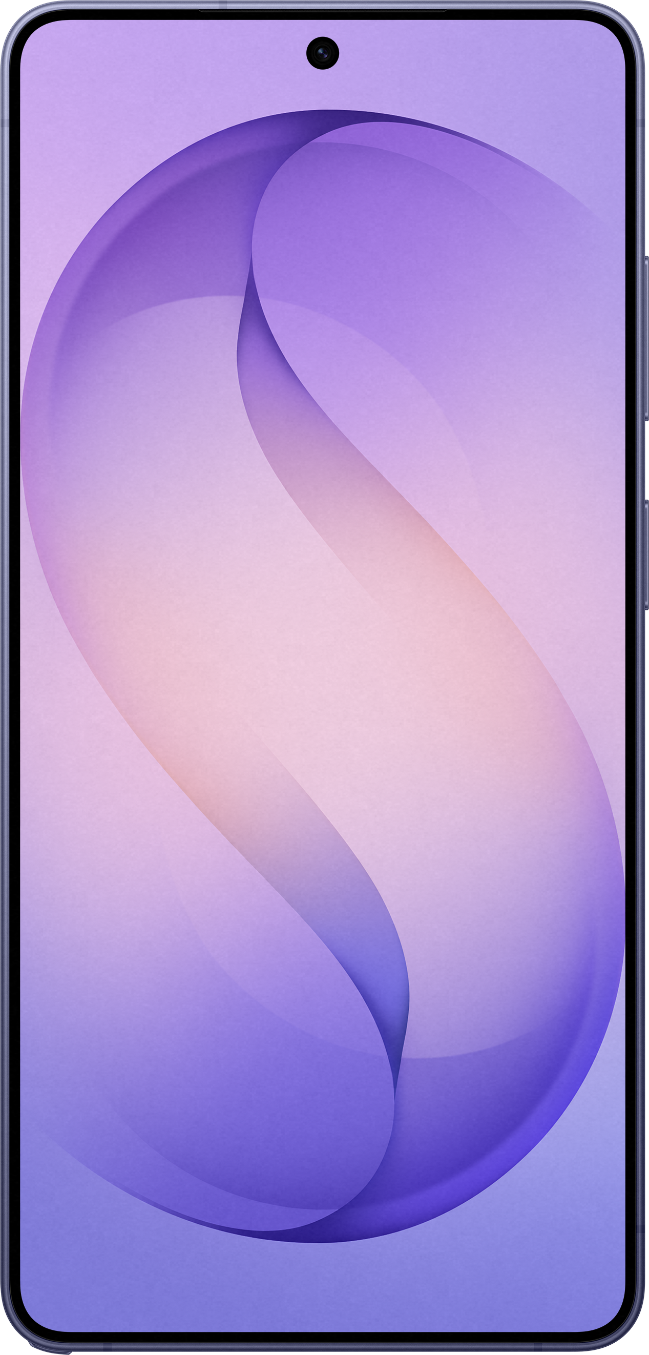 Ein Smartphone mit einem lilafarbenen, abstrakten Hintergrund mit S-Form.