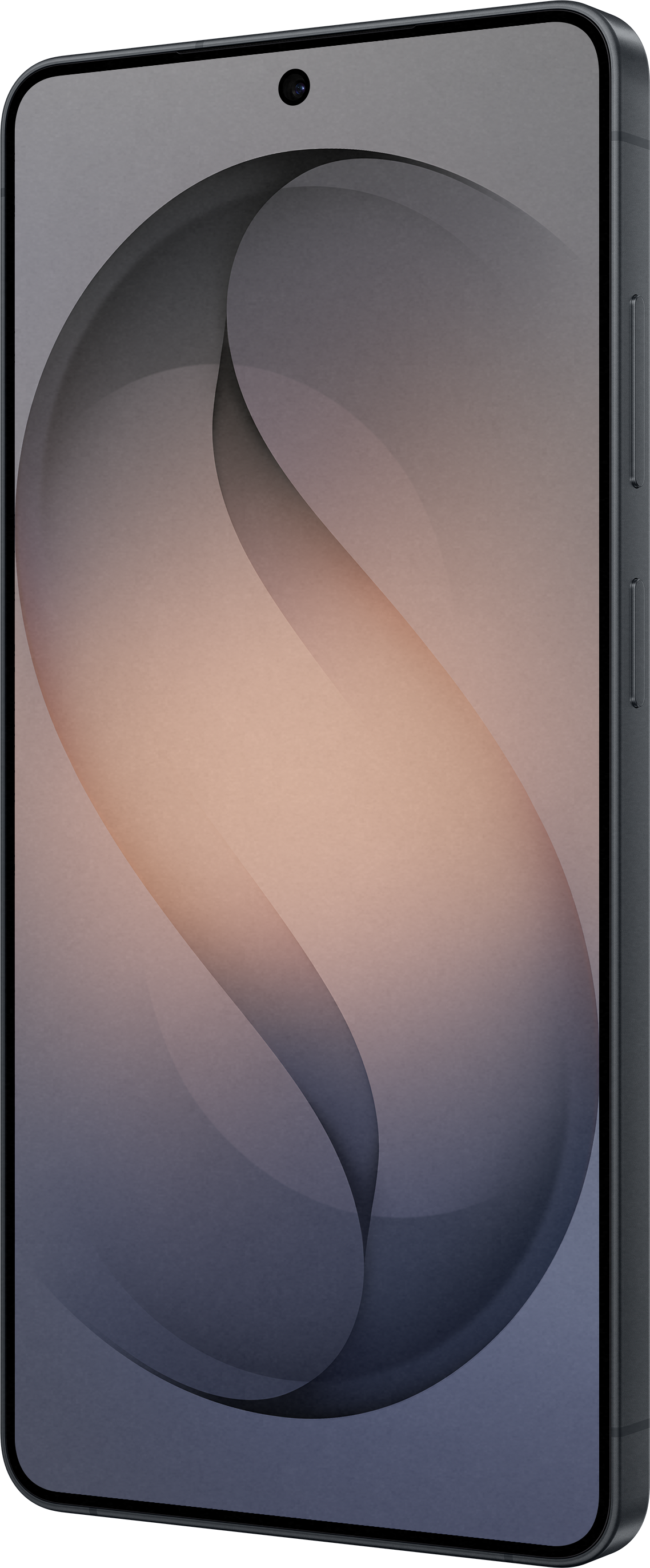 Un smartphone sombre affichant un fond d'écran abstrait aux formes courbes.