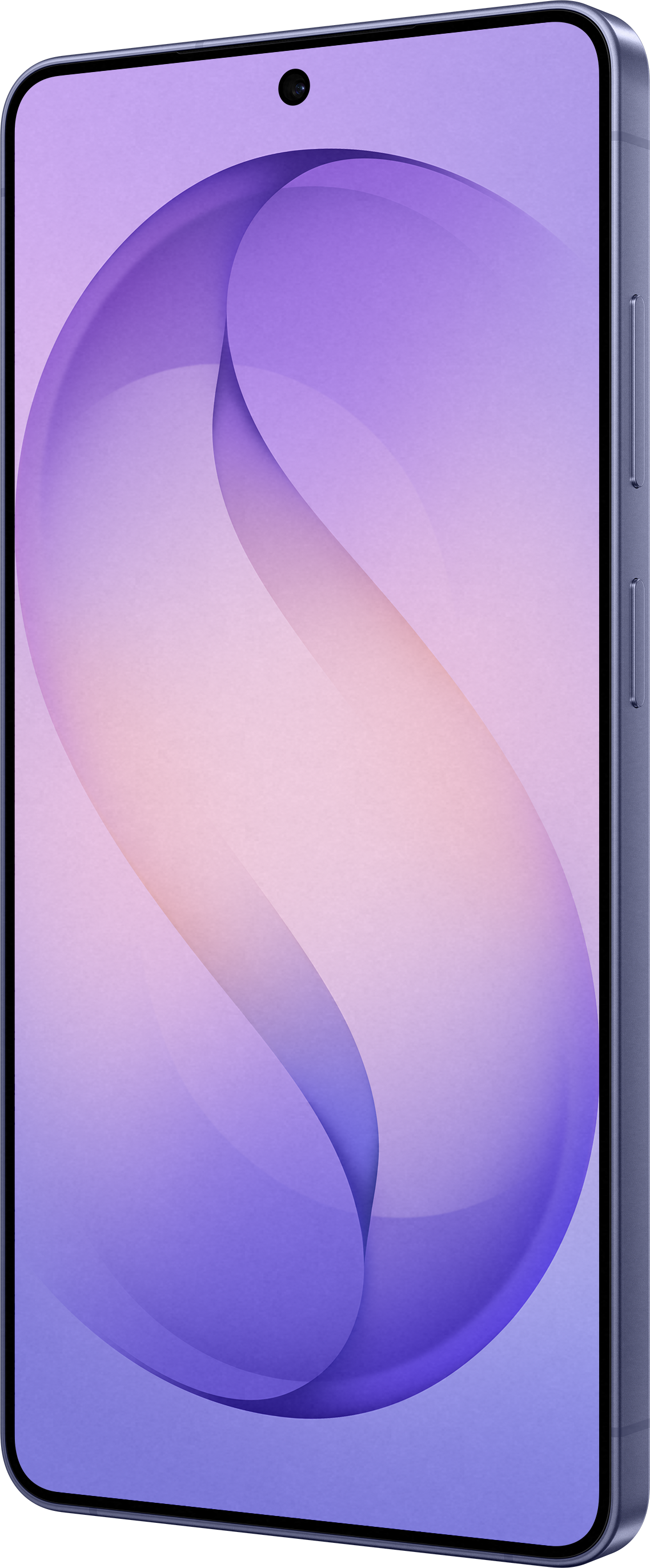 Ein Smartphone mit violetter und rosa Tapete. Vorne ist eine Kamera.