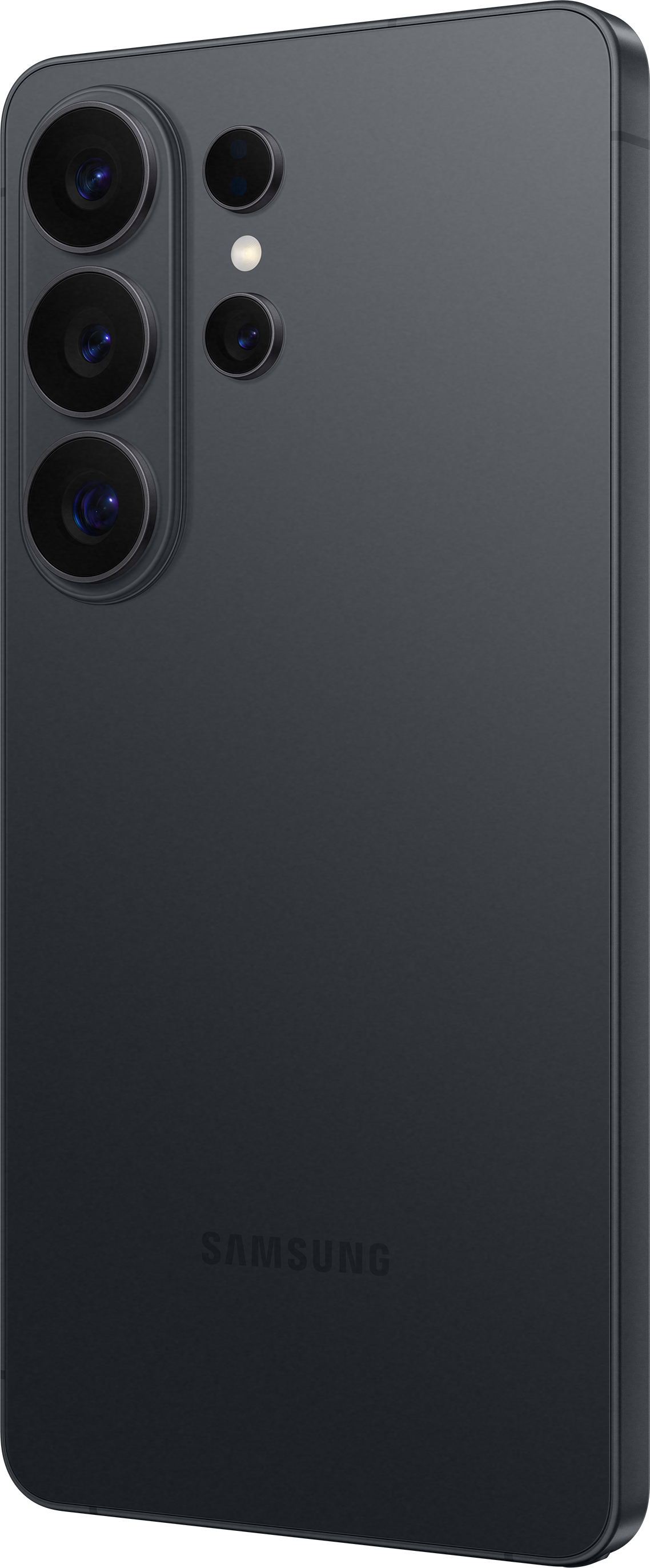 Smartphone Samsung gris foncé avec quatre caméras et un flash au dos.