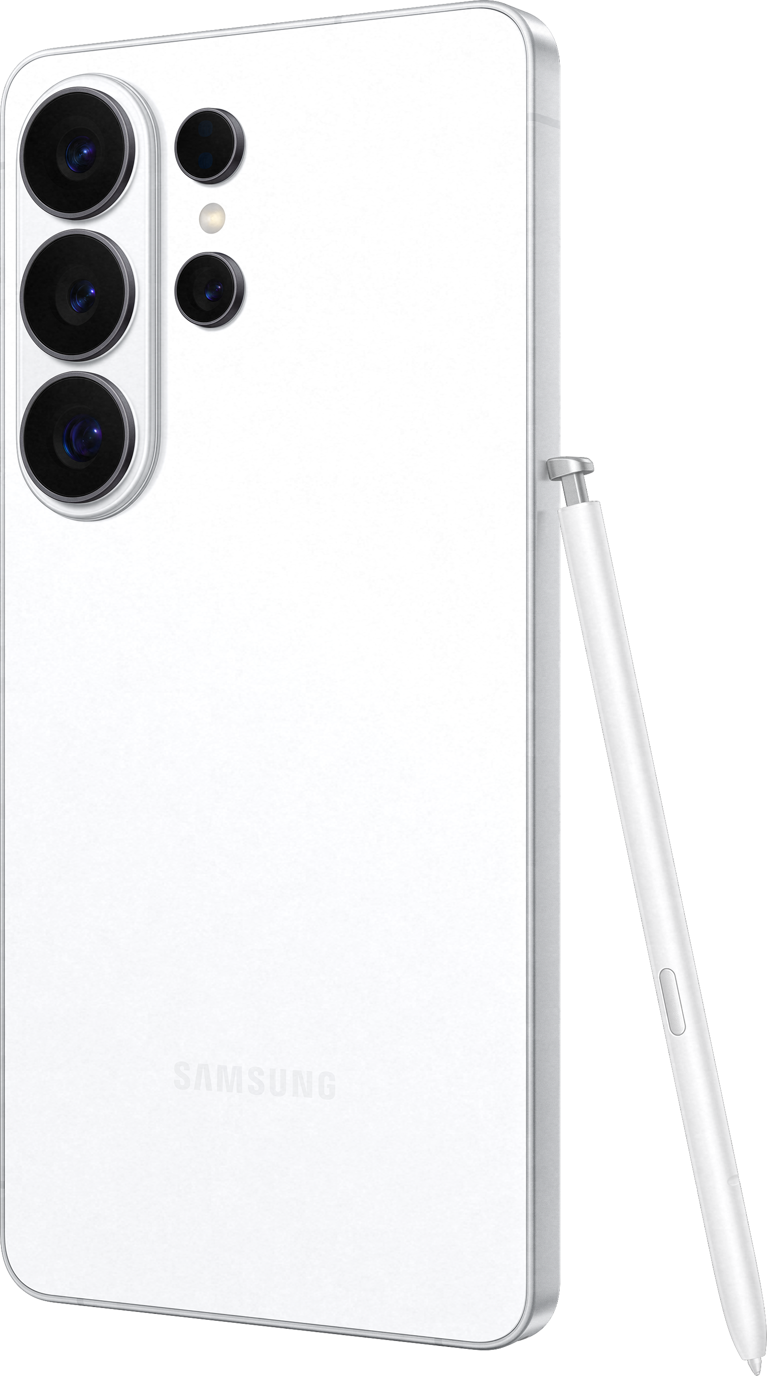 Un smartphone Samsung blanc avec stylet et trois objectifs photo arrière.