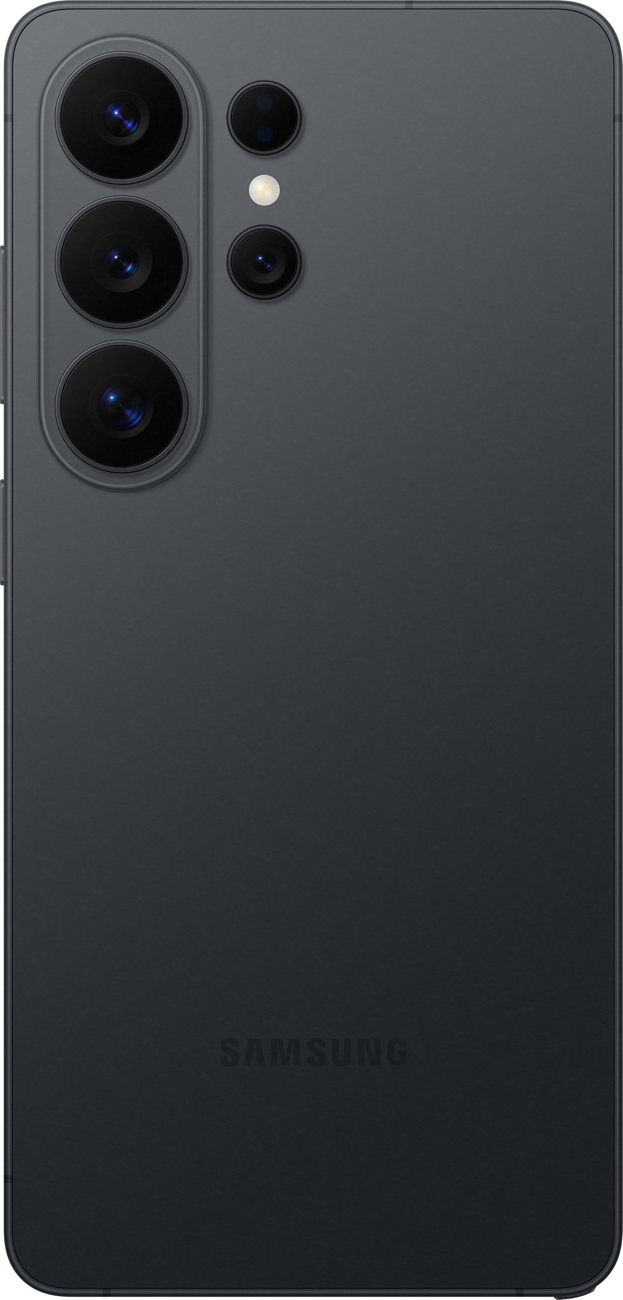 Arrière de smartphone Samsung gris foncé avec quatre caméras et un flash.