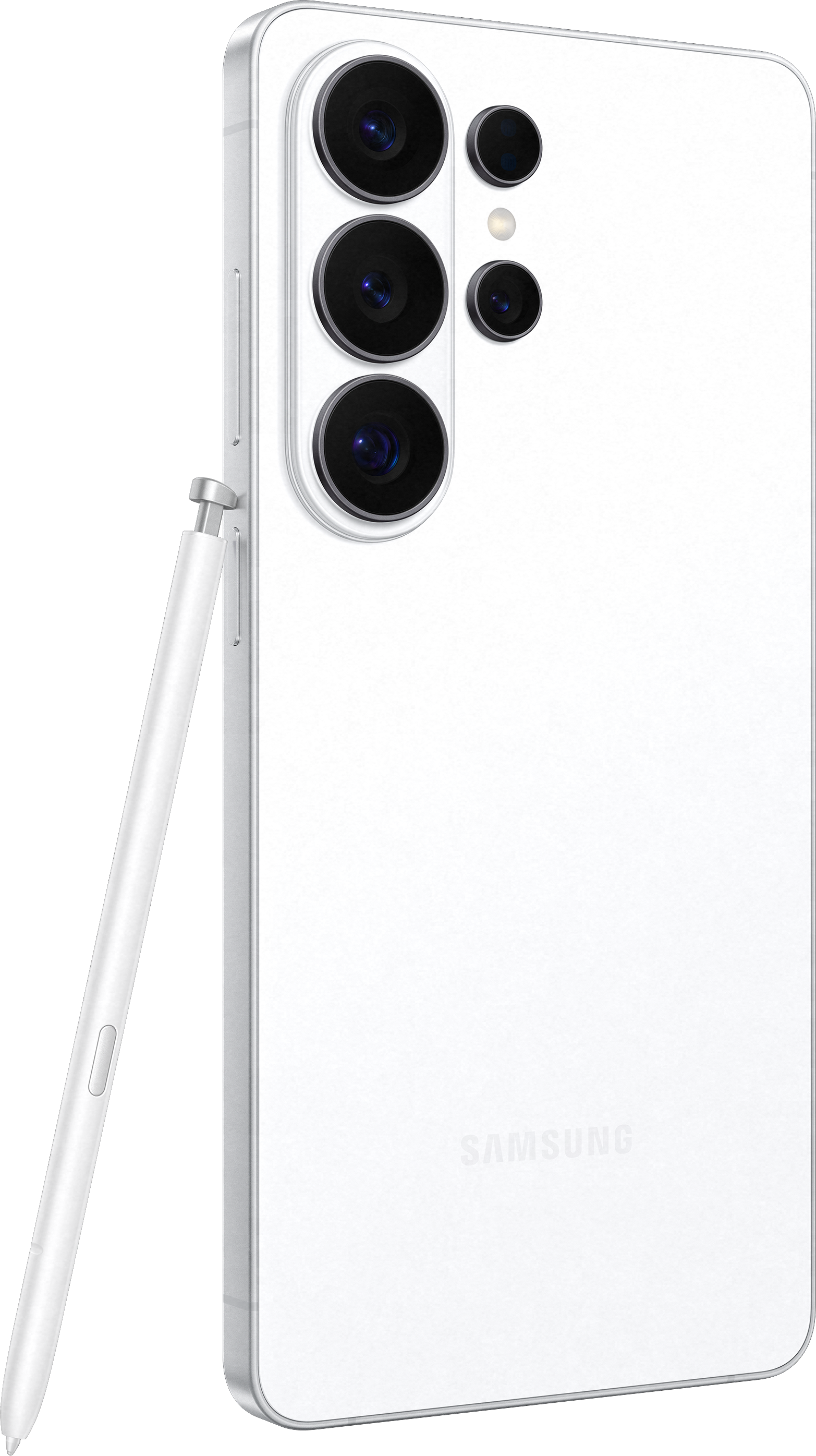 Un smartphone Samsung blanc avec plusieurs caméras et un stylet.