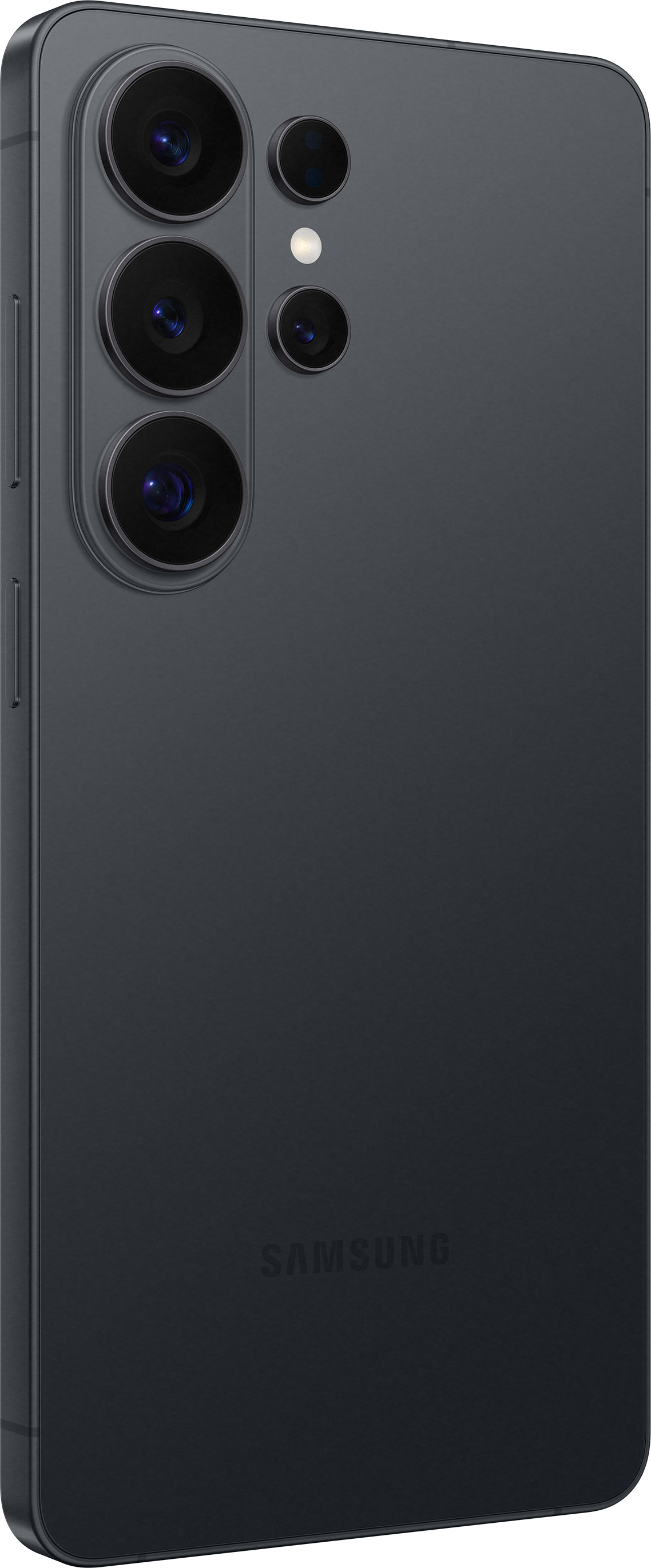 Arrière d'un smartphone Samsung sombre avec quatre caméras et un flash.