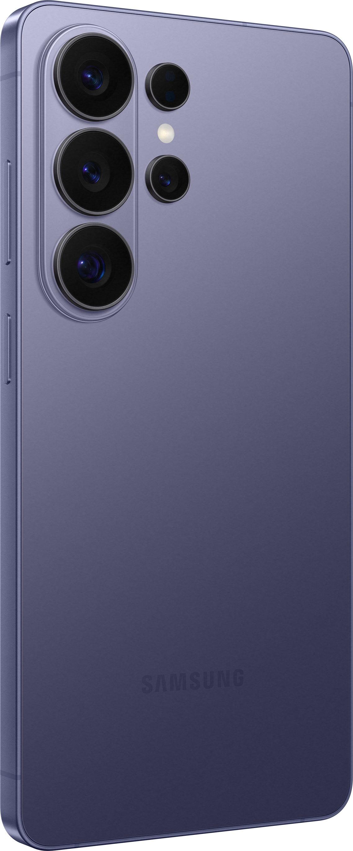 Lila Samsung Smartphone mit vier Kameralinsen und Blitz.