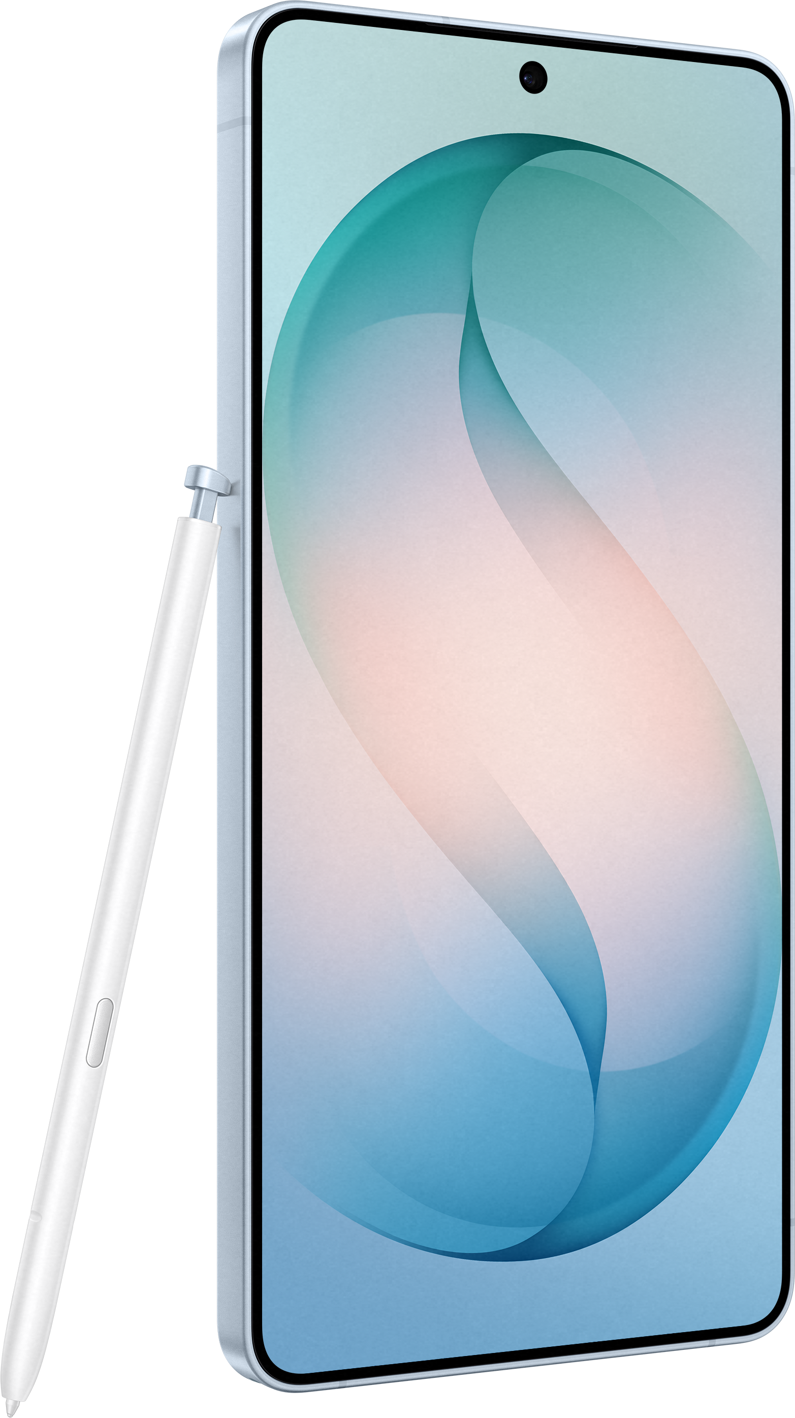 Un stylet blanc repose contre un smartphone bleu clair avec un fond abstrait.