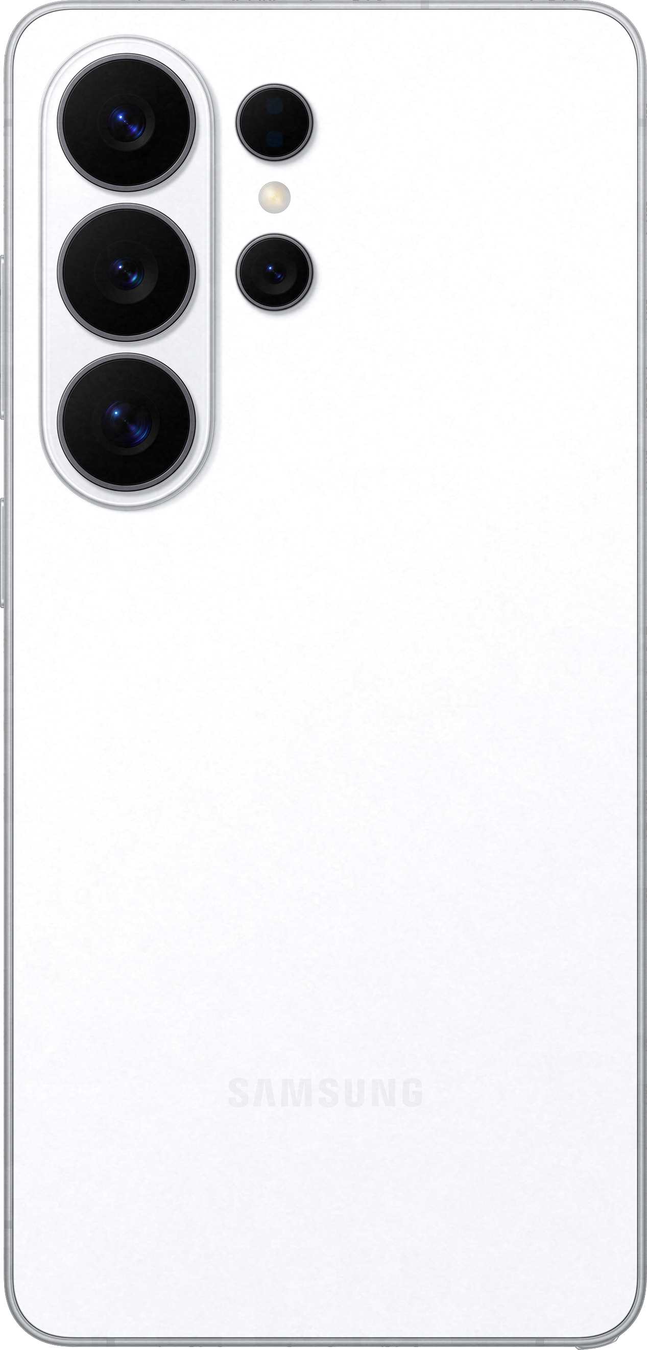 Dos blanc Samsung avec quatre caméras et un flash.