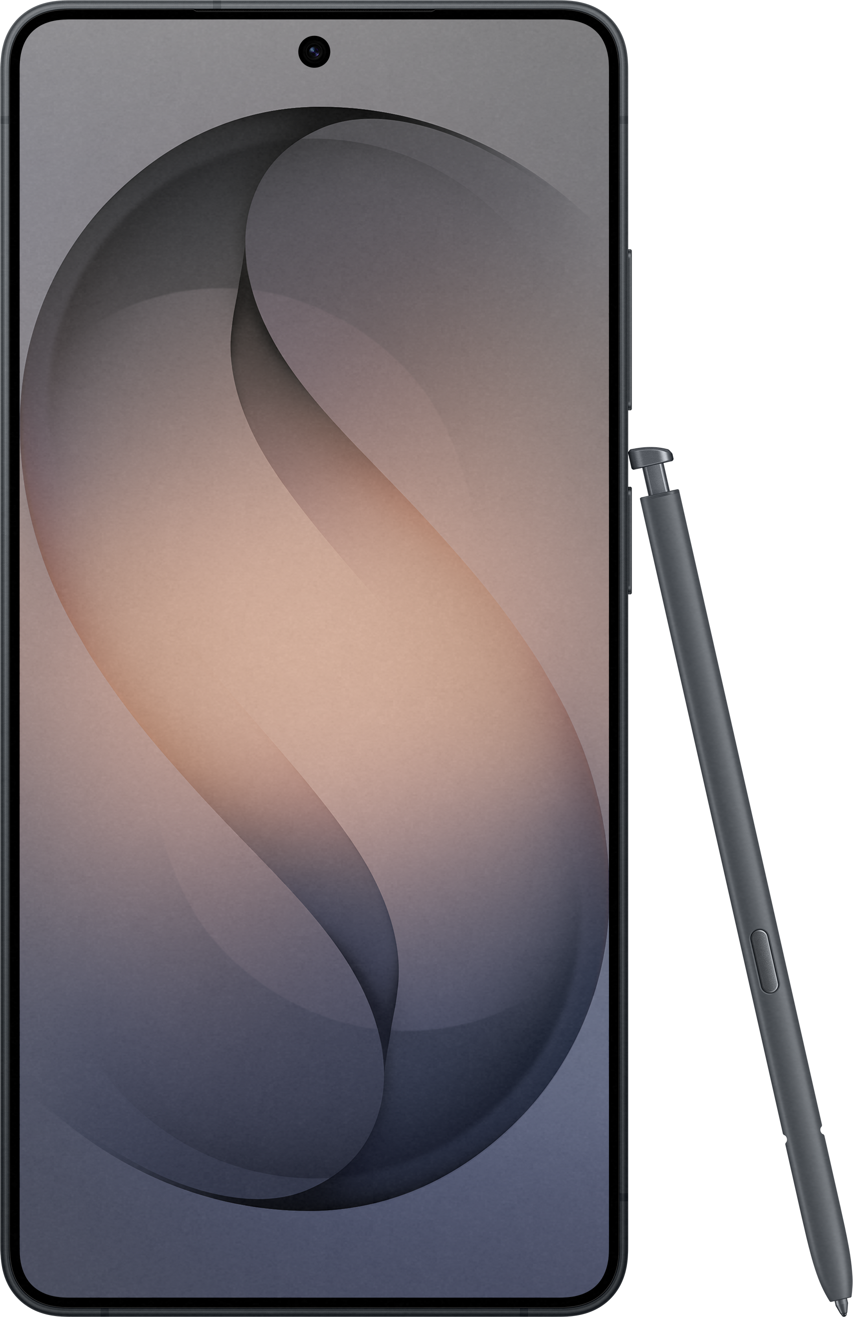 Ein grauer Stift liegt neben einem Smartphone mit einem abstrakten Hintergrund.