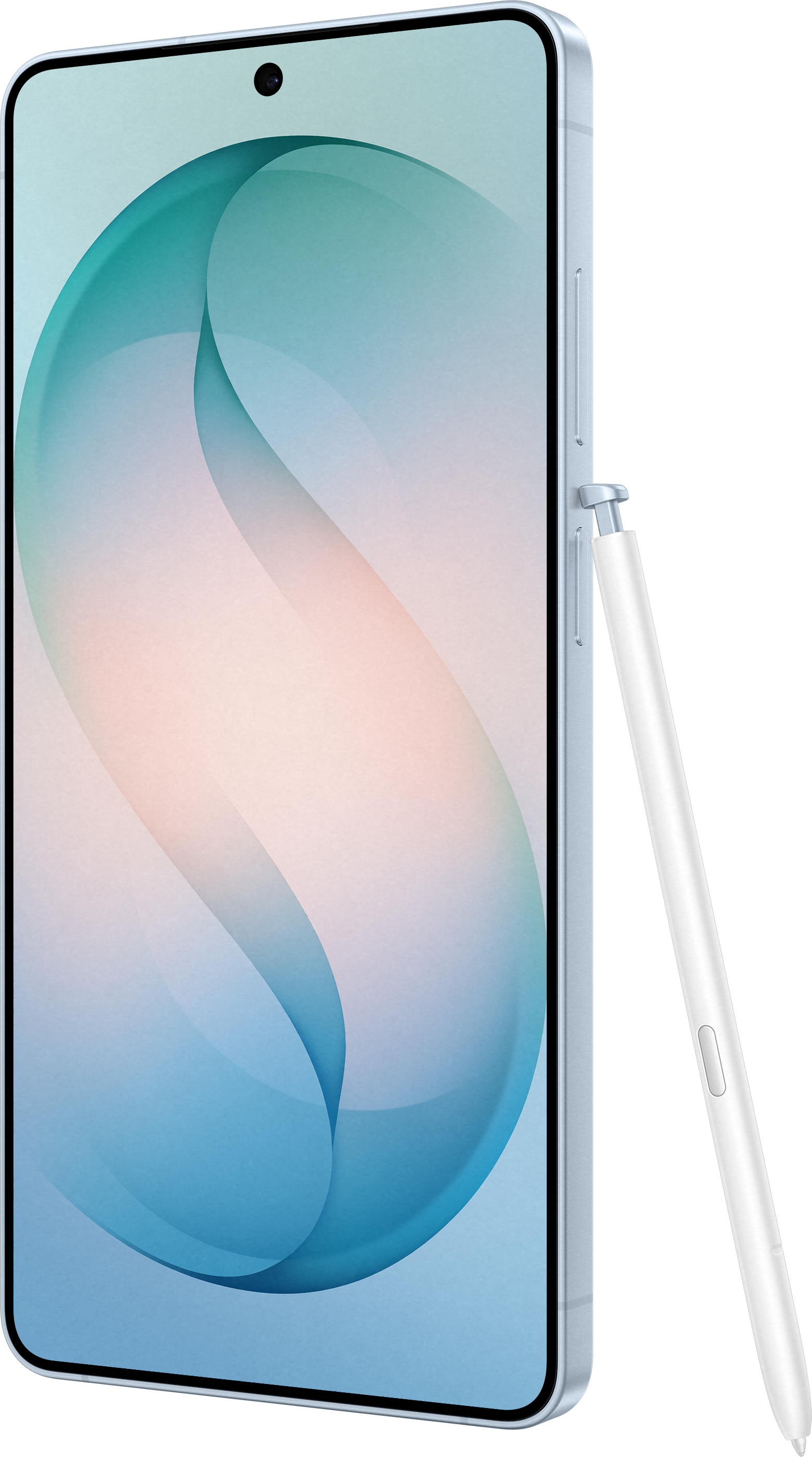 Un smartphone argenté avec un stylet blanc attaché sur le côté.