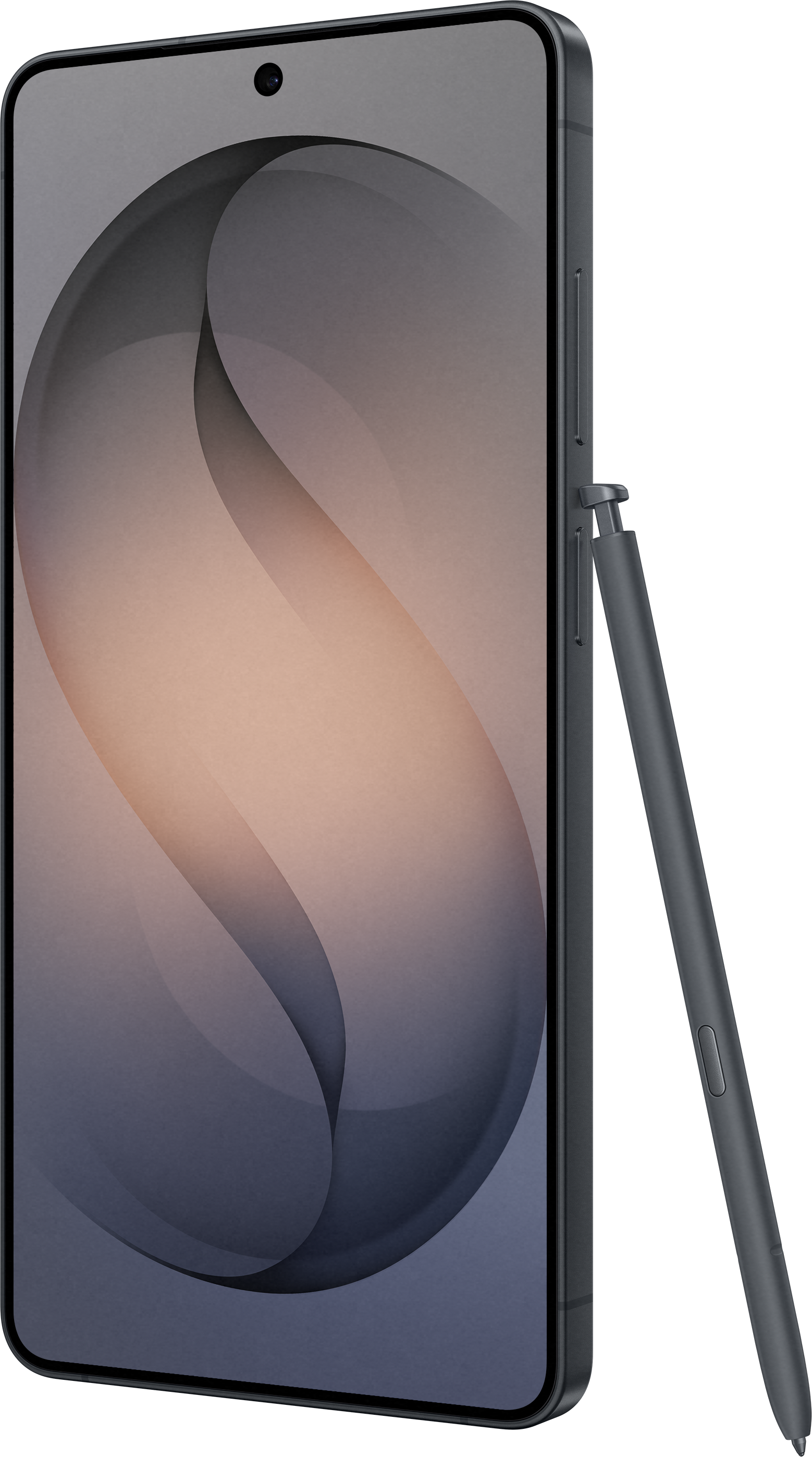 Ein graues Smartphone mit Stift, das auf einem dunklen Hintergrund steht.