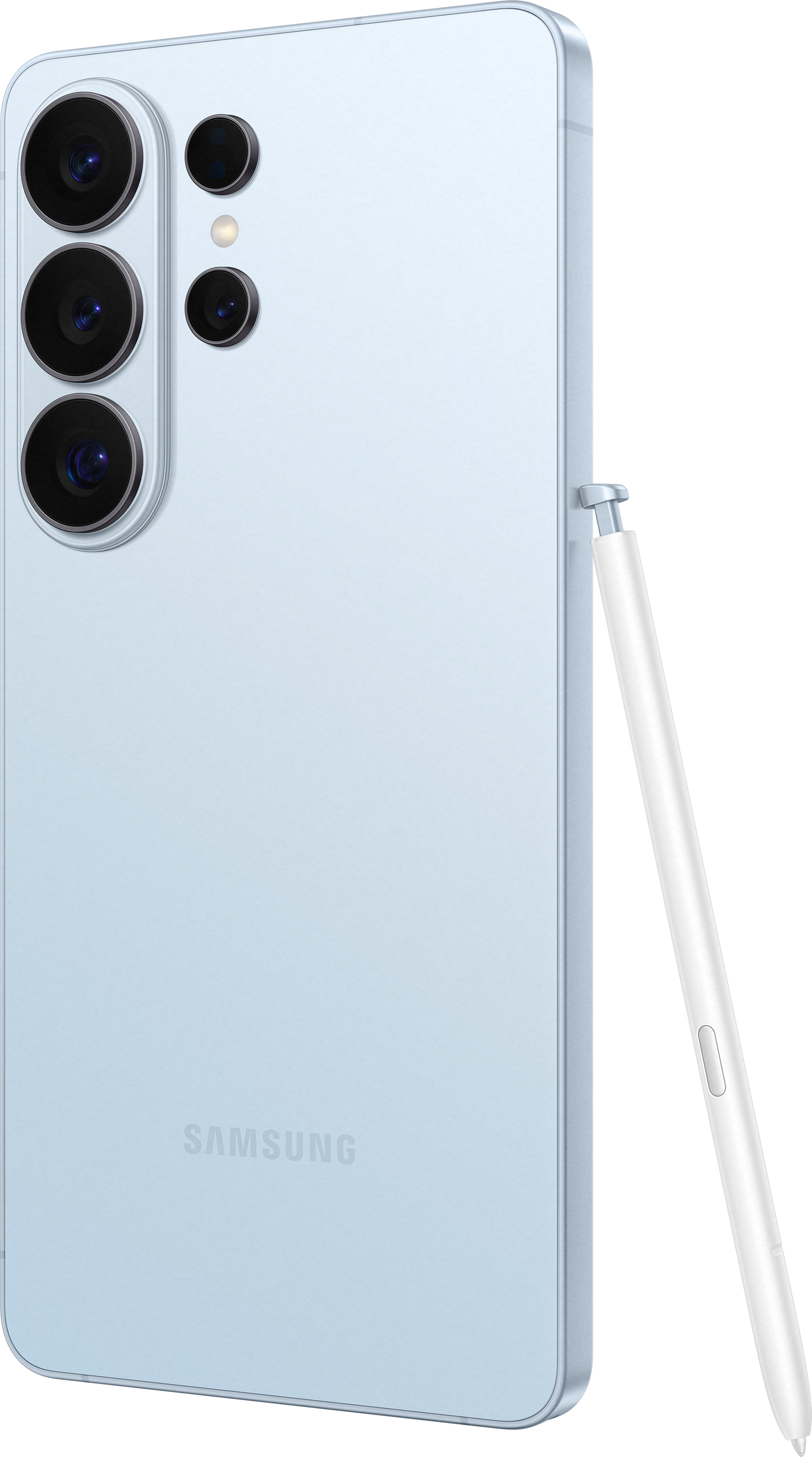 Smartphone bleu clair avec stylet et objectifs de caméra.