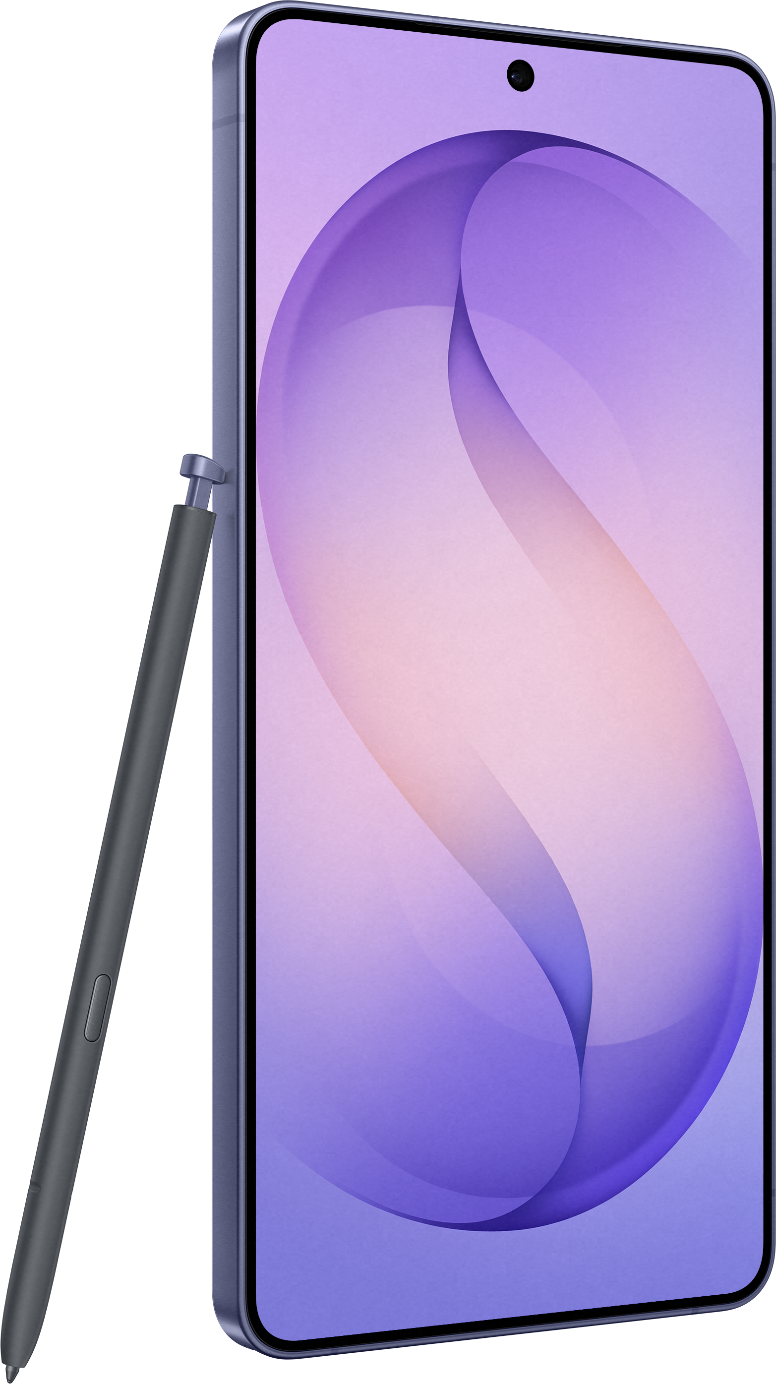 Ein grauer Stift ruht neben einem lila Smartphone mit einem stilisierten Hintergrund.