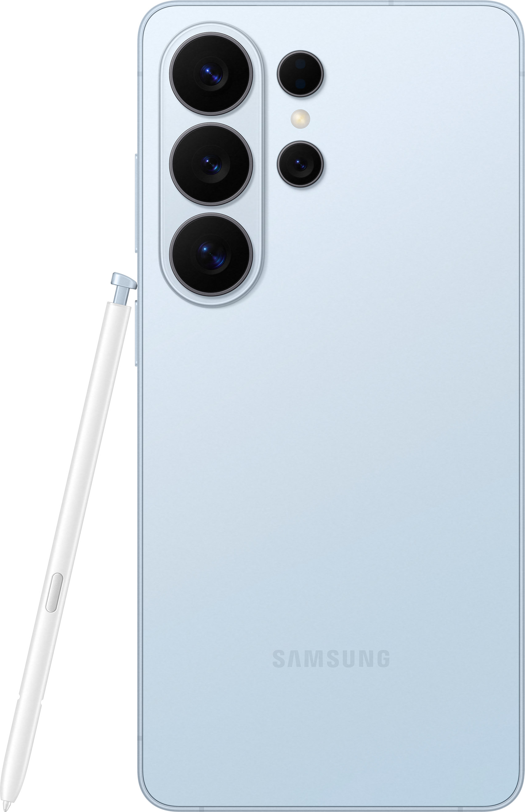 Un smartphone bleu clair avec S Pen, à côté de son bloc de caméras au dos.