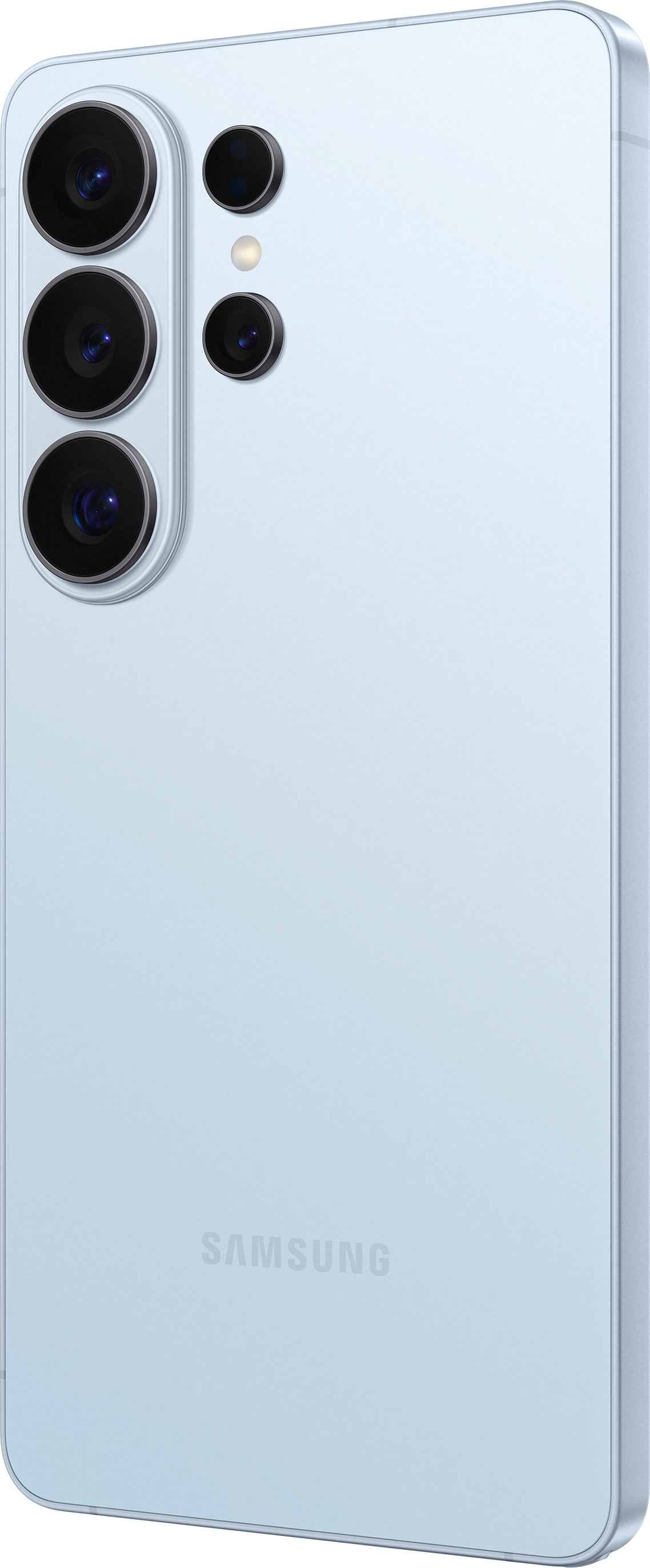 Smartphone Samsung bleu clair avec trois caméras arrière et un flash.
