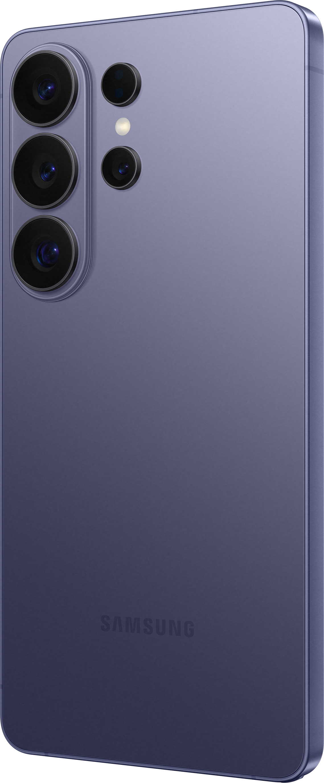 Lila Smartphone-Rückseite mit vier Kameras und dem Samsung-Logo.