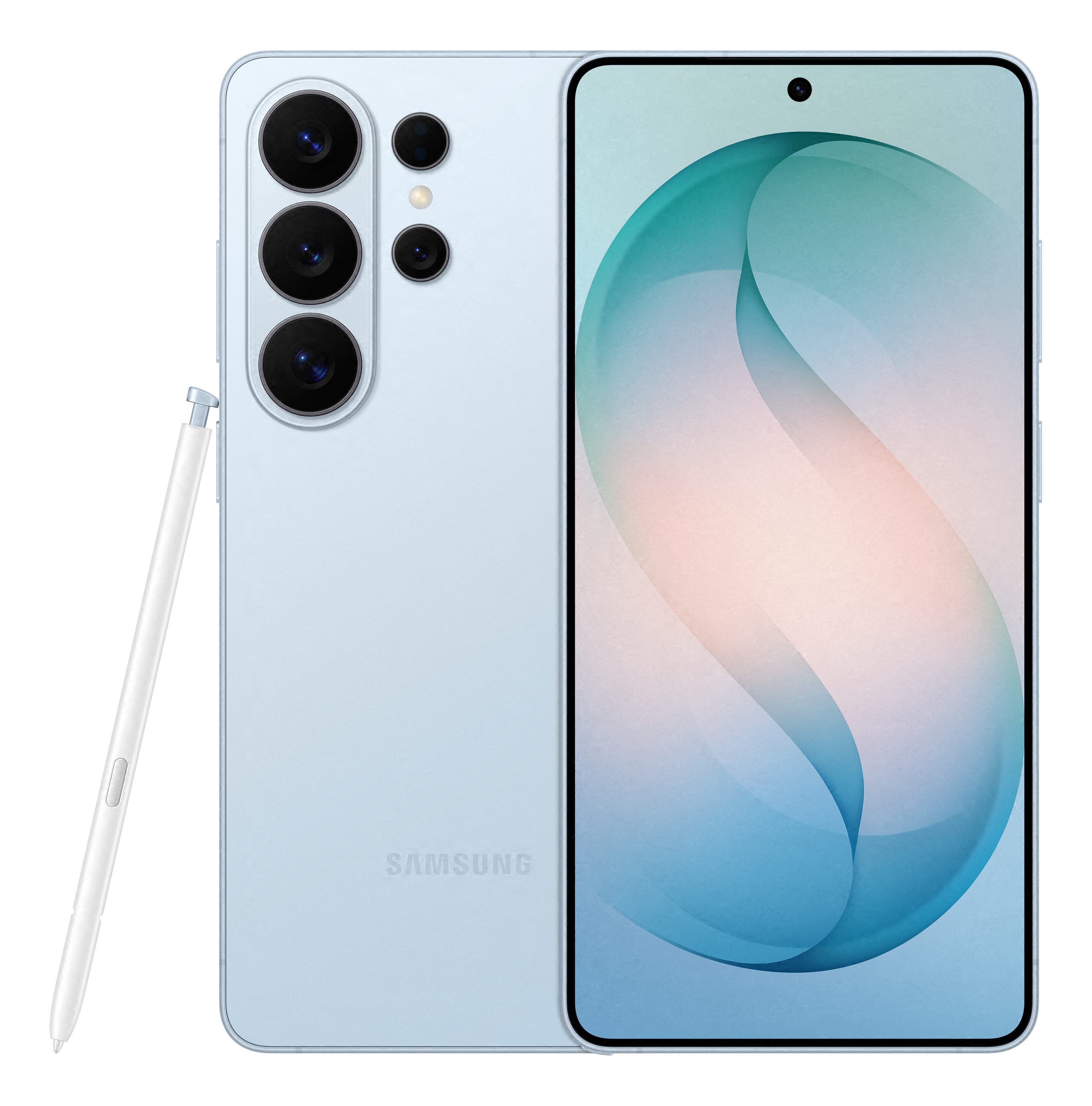 Un smartphone bleu clair avec plusieurs caméras et un stylet à côté.