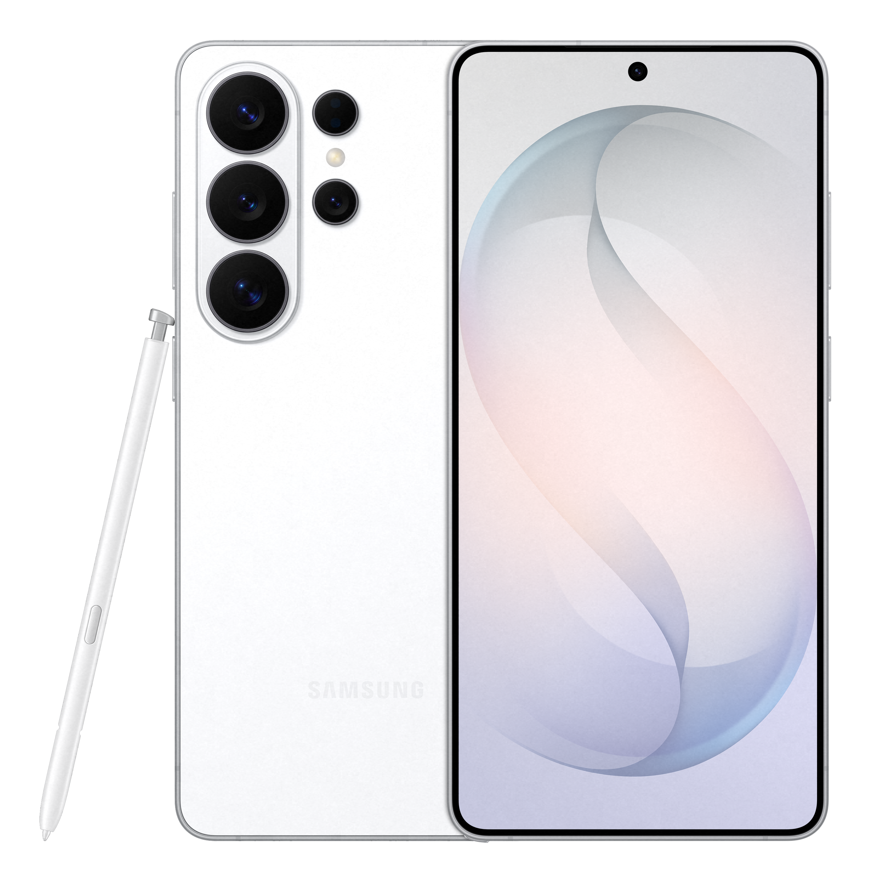 Ein weißes Smartphone mit Stift und Kamera-Array auf der Rückseite.