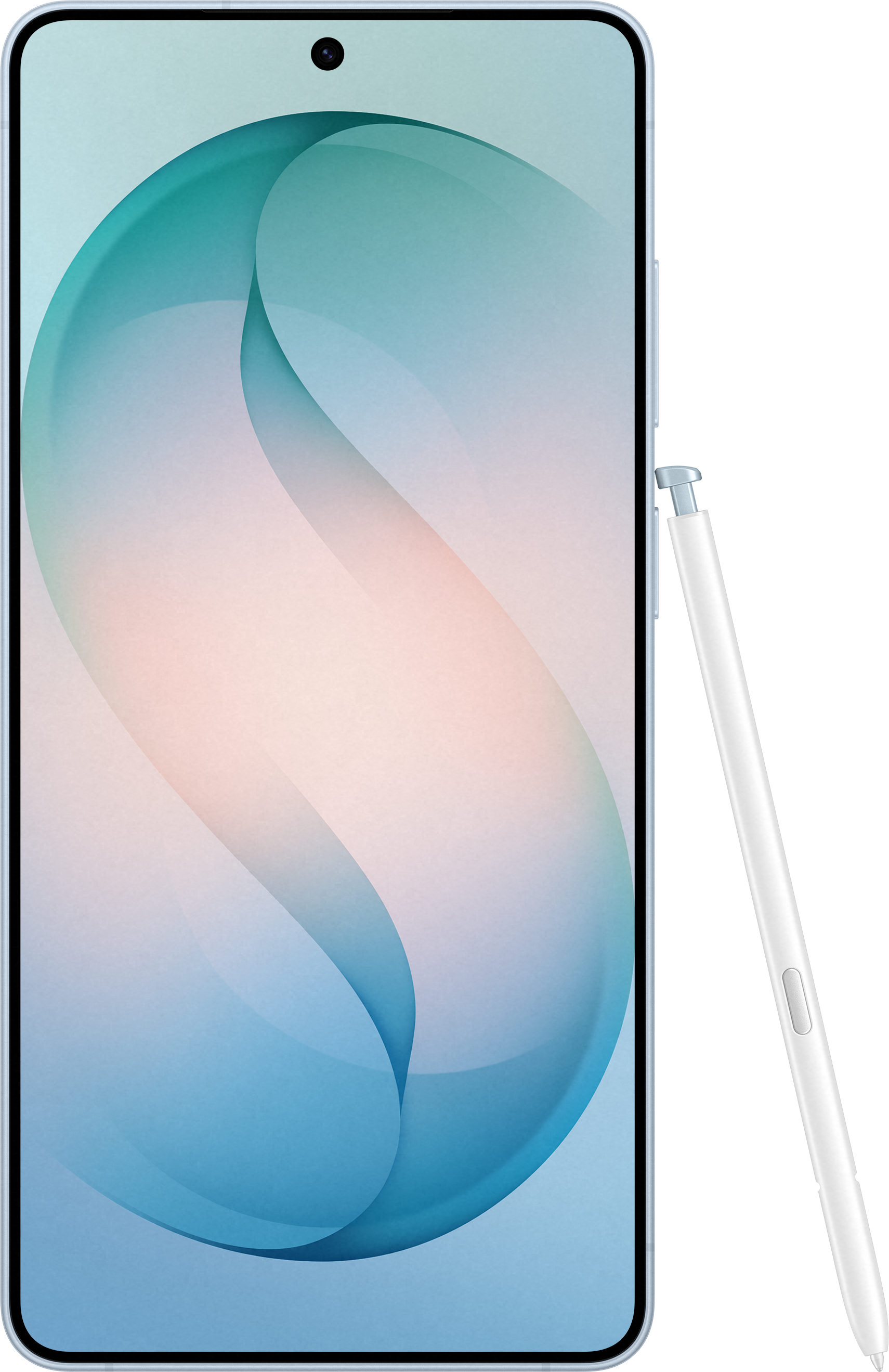 Un stylet blanc repose à côté d'un smartphone affichant un fond abstrait bleu et rose.