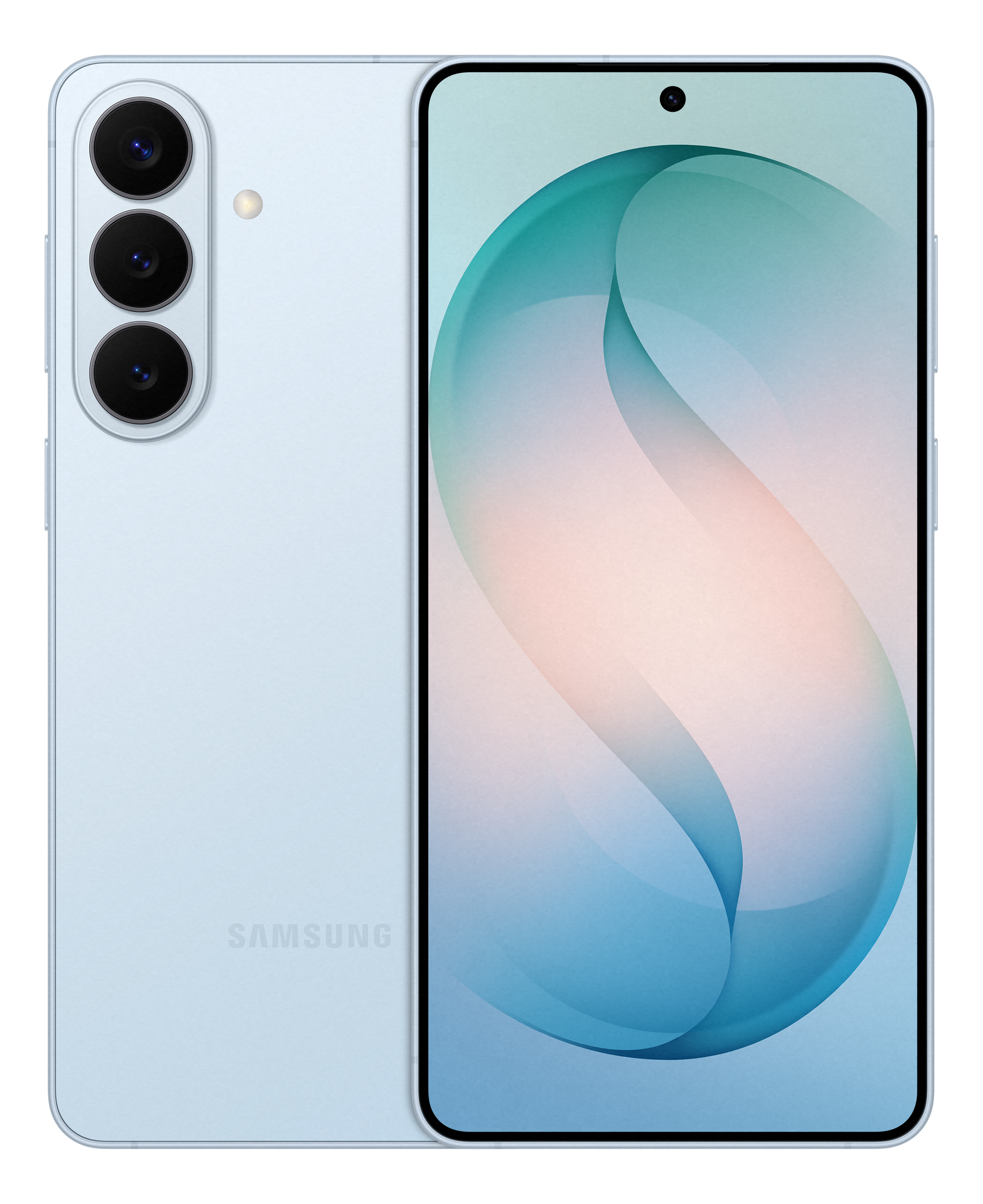 Uno smartphone Samsung azzurro con tre fotocamere sul retro.
