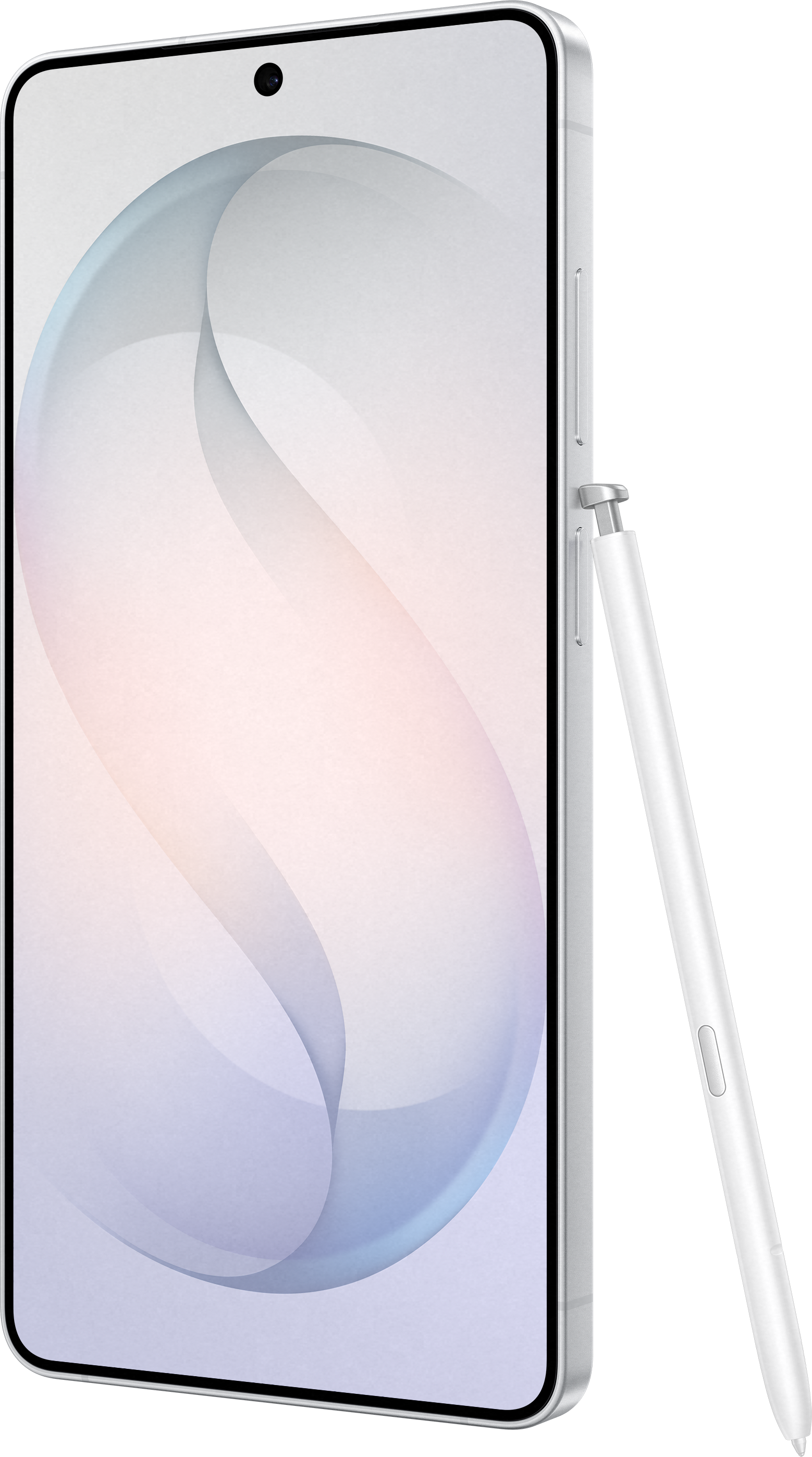 Ein silbernes Smartphone mit Stift, das auf der rechten Seite liegt.