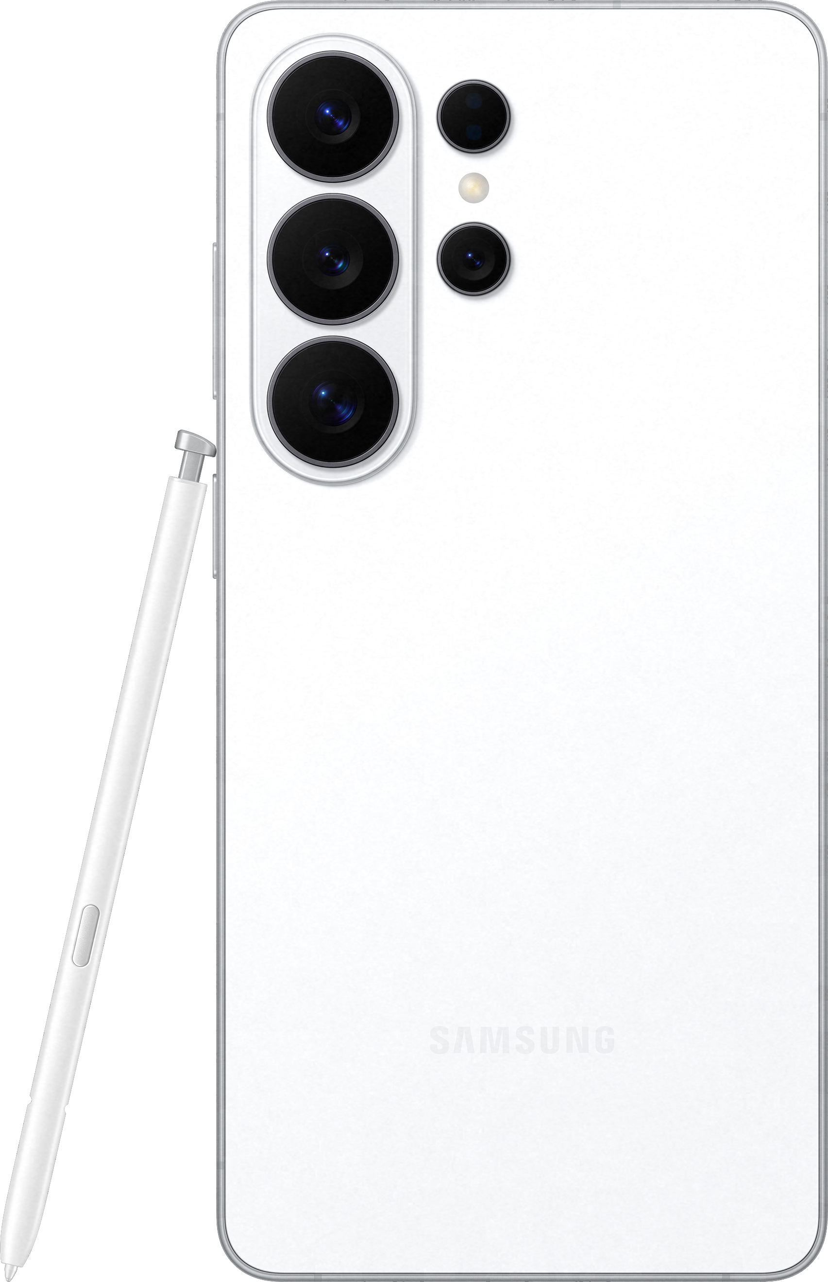 Ein weißes Samsung Smartphone mit Stift und Kameralinsen auf schwarzem Hintergrund.