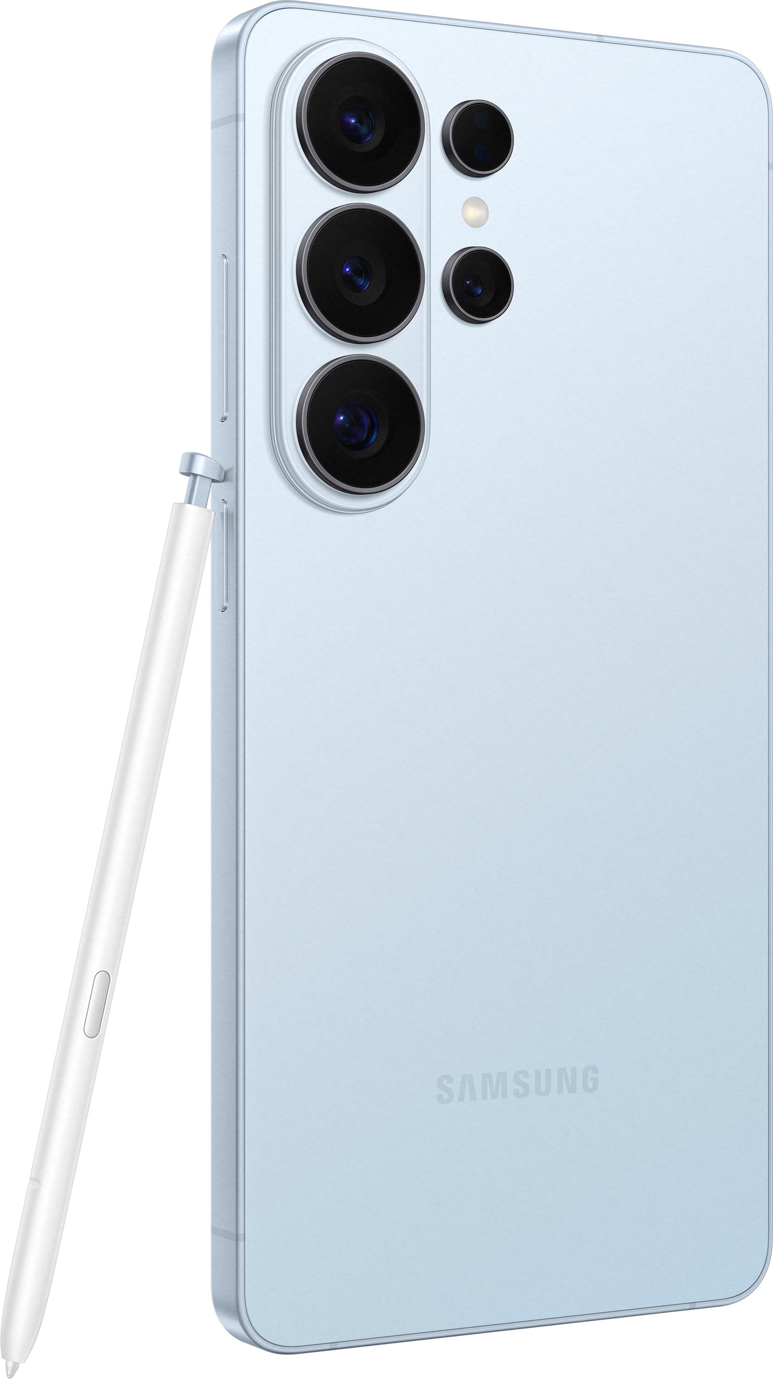 Un smartphone bleu clair avec un S-Pen et des objectifs photo arrière.
