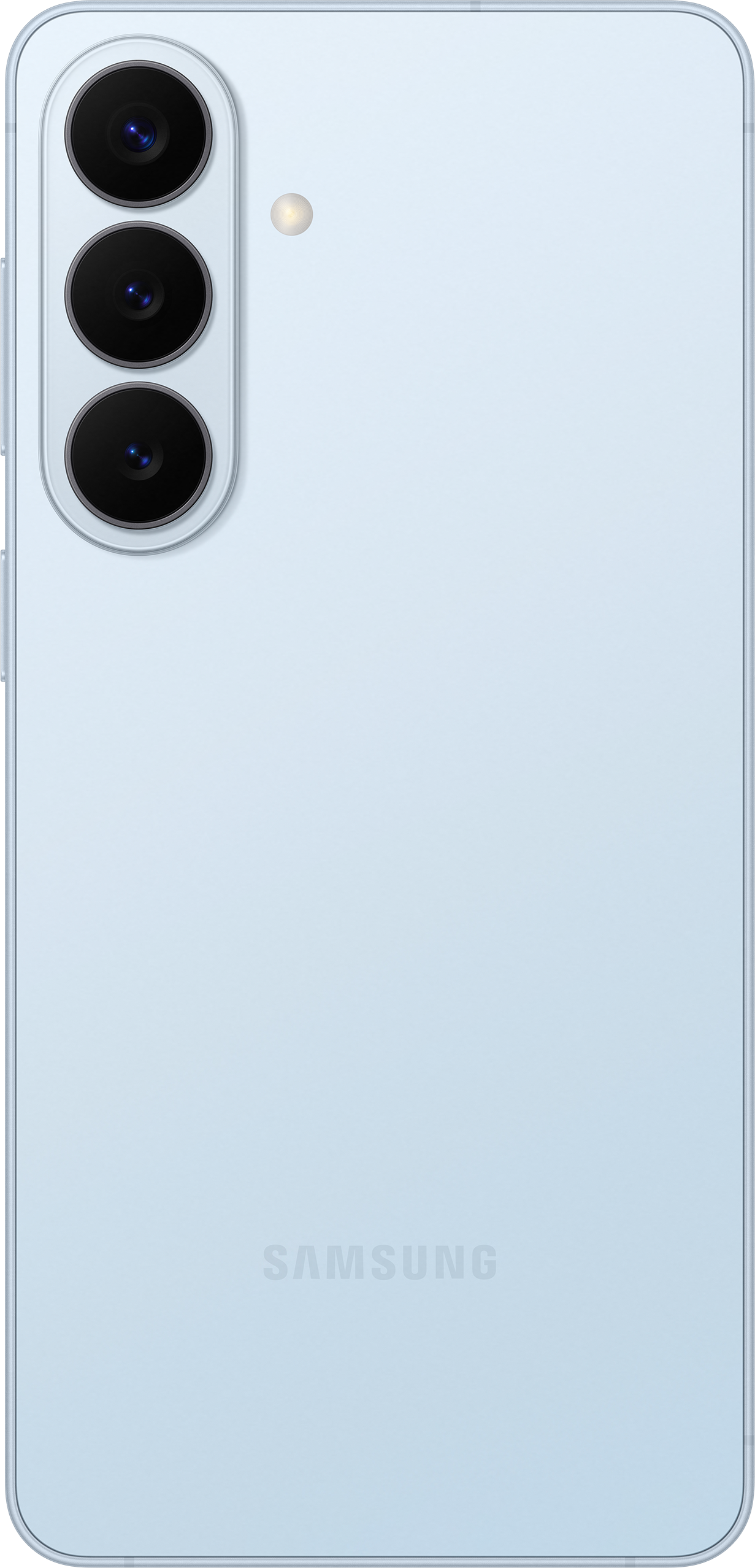 Retro di uno smartphone Samsung azzurro con tre obiettivi e flash.
