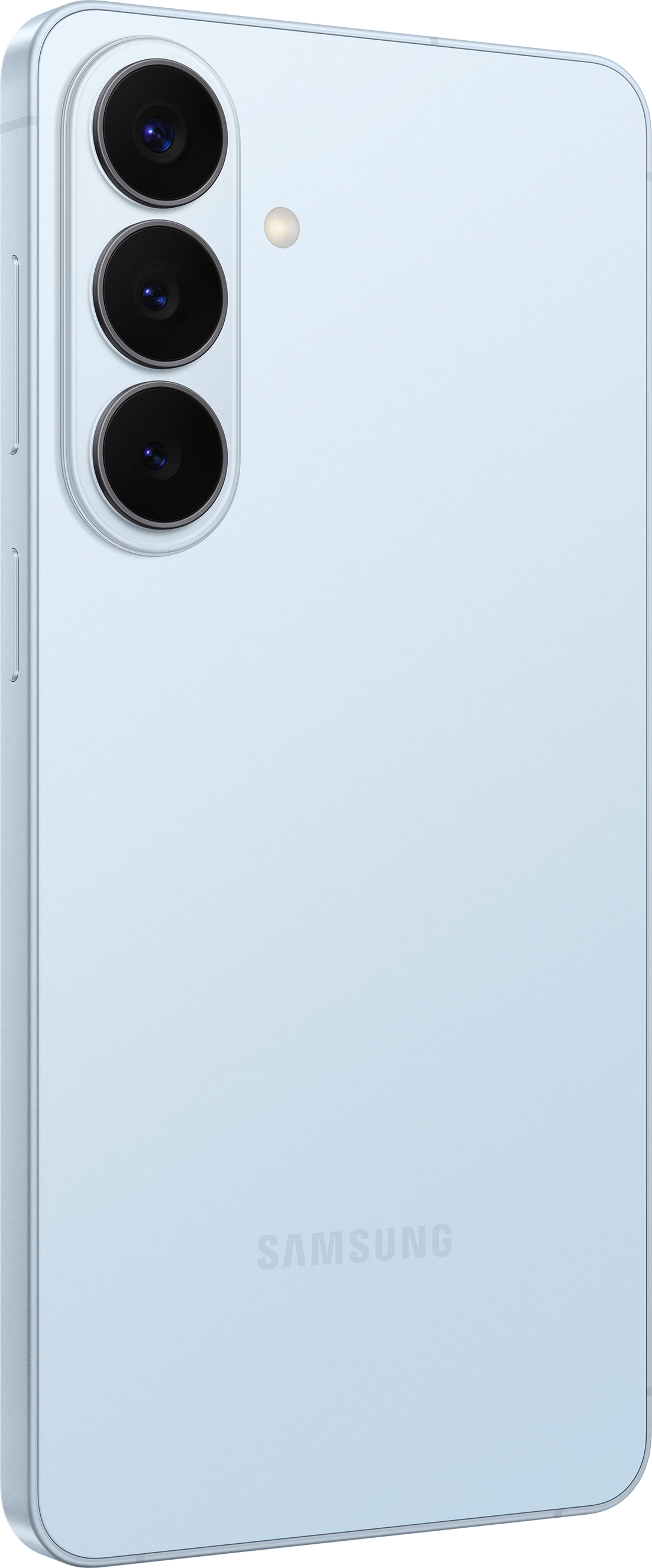 Smartphone azzurro con tre fotocamere e flash, logo Samsung.