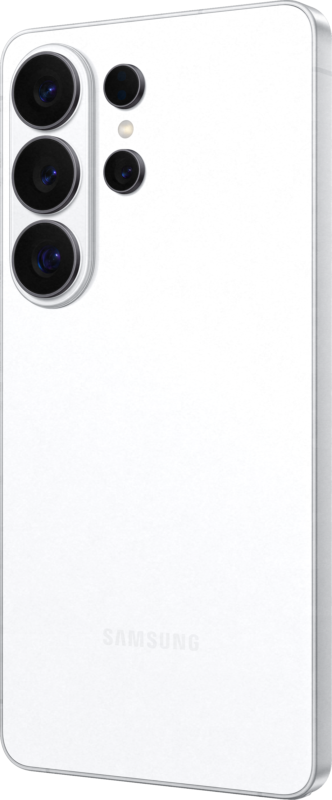 Weiße Rückseite eines Smartphones mit vier Kameras und Samsung-Logo.