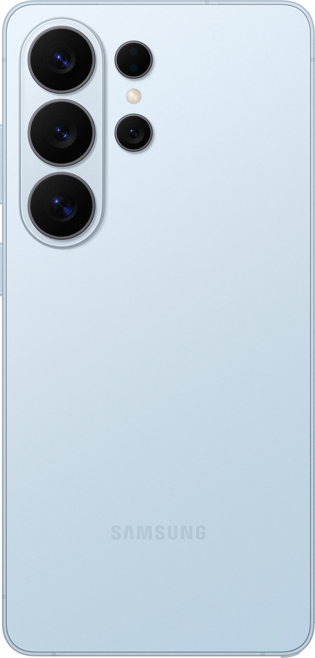 Un smartphone Samsung bleu clair avec quatre objectifs et un flash.