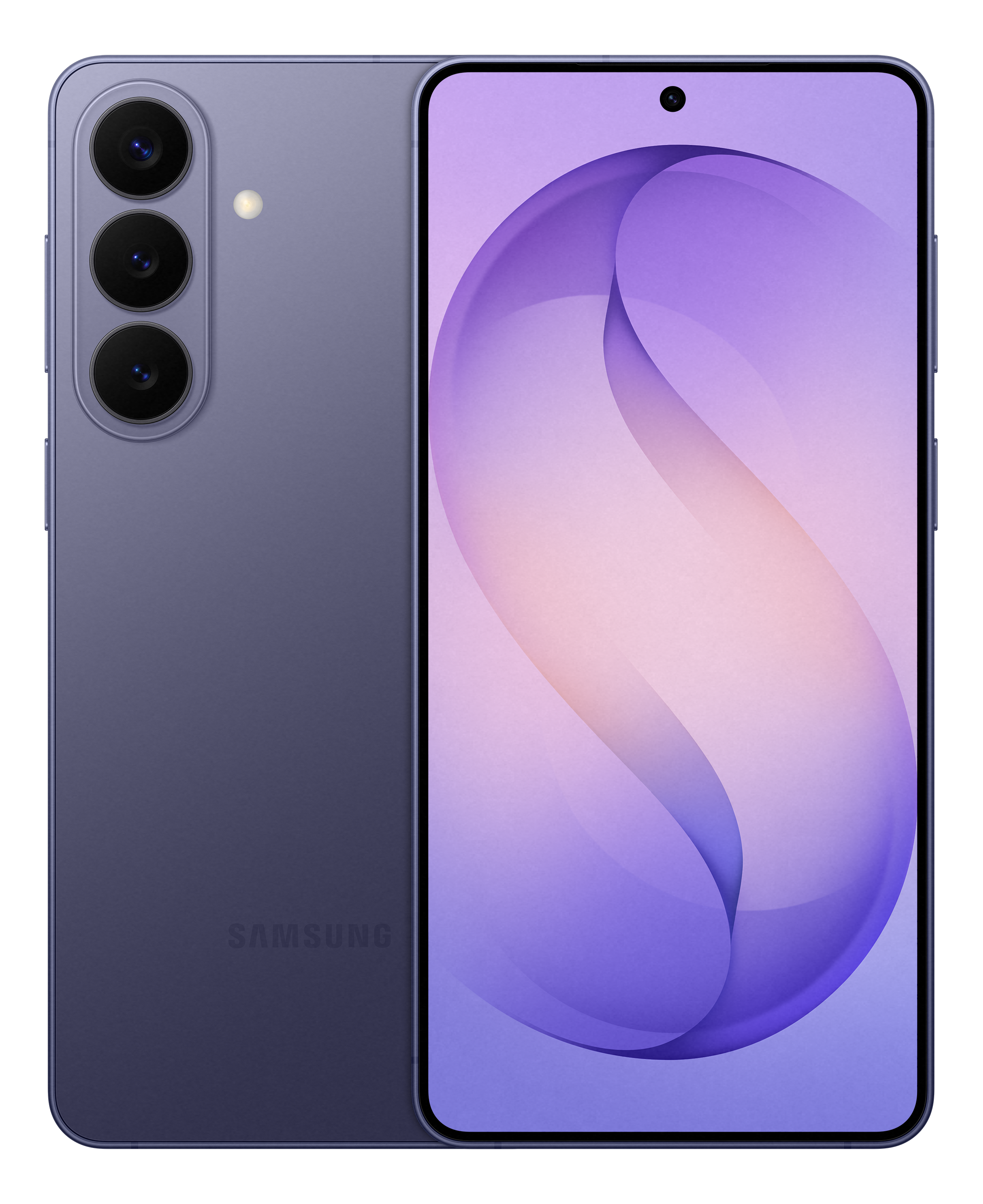 Uno smartphone Samsung viola con tre fotocamere e uno sfondo astratto luminoso.
