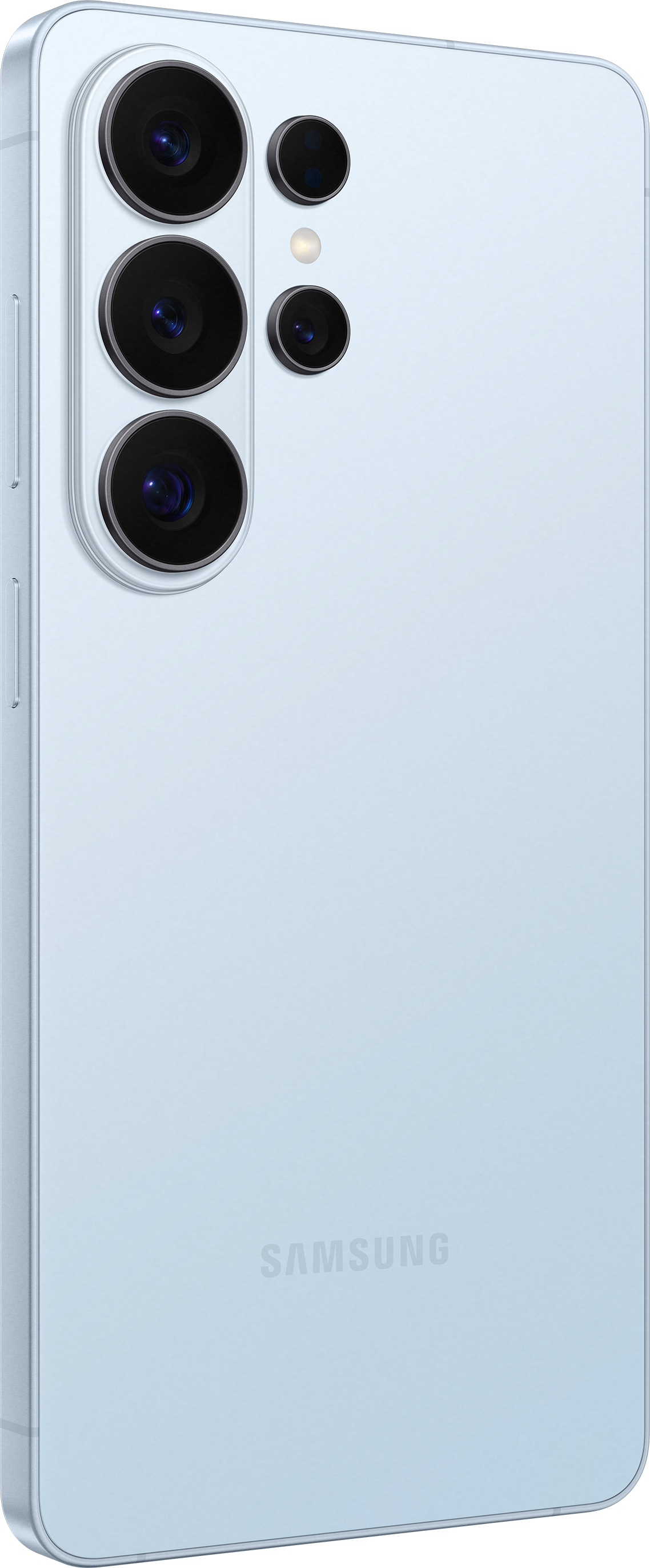 Smartphone bleu clair avec quatre caméras et flash. Logo Samsung au dos.