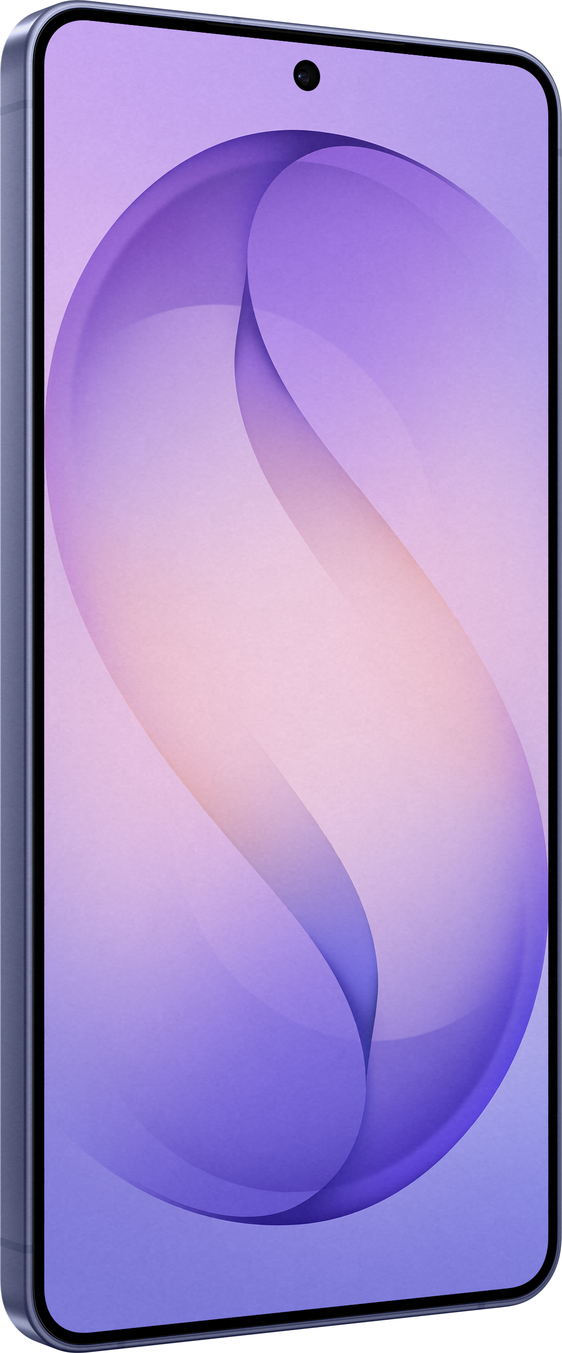 Uno smartphone con sfondo viola e forme curve.