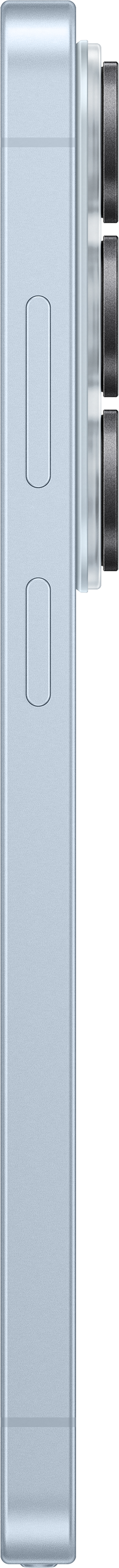Smartphone bleu clair avec trois caméras sur le côté droit.