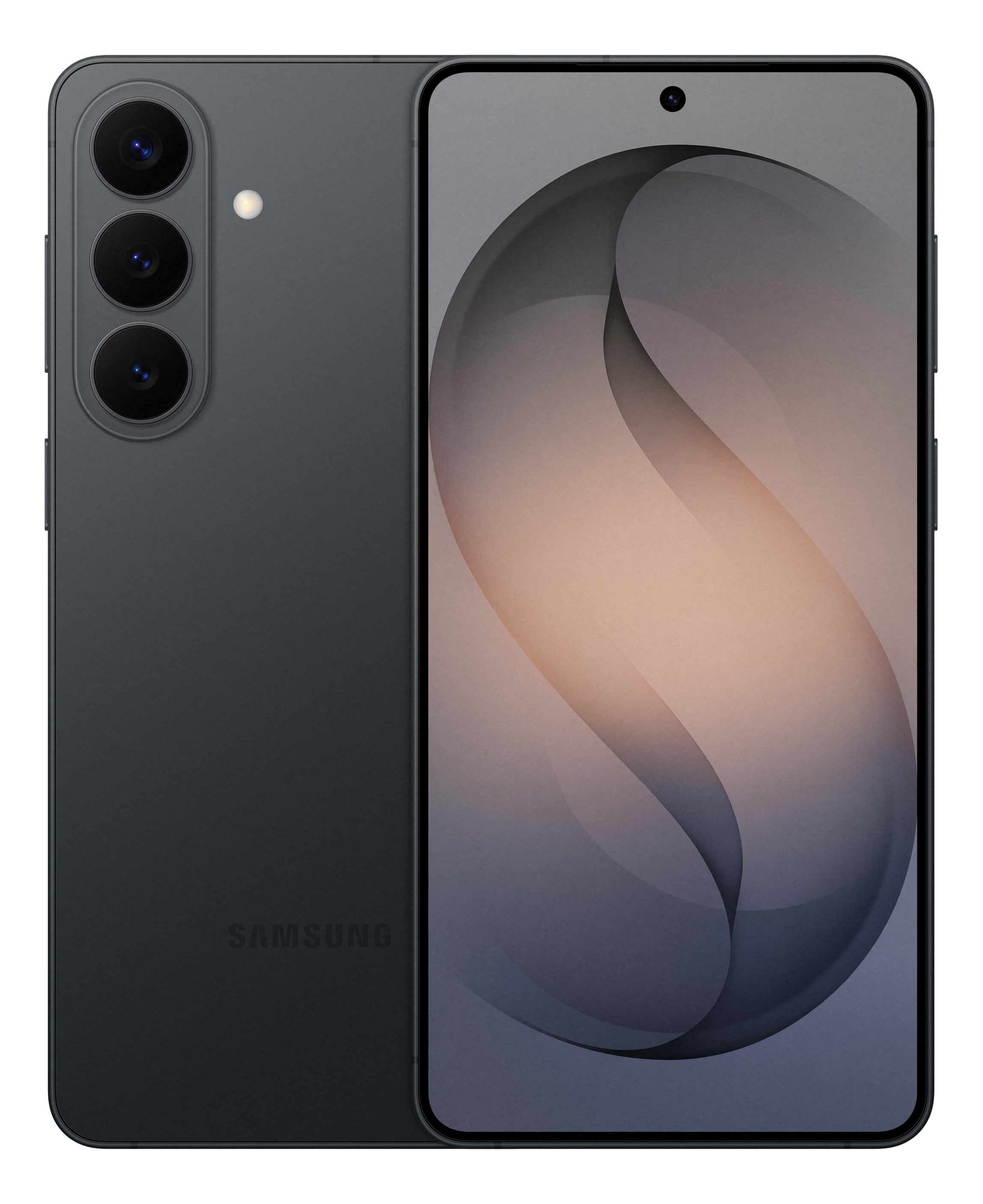 Dunkelgraues Smartphone mit drei Kameras auf der Rückseite und einem Muster auf dem Bildschirm.