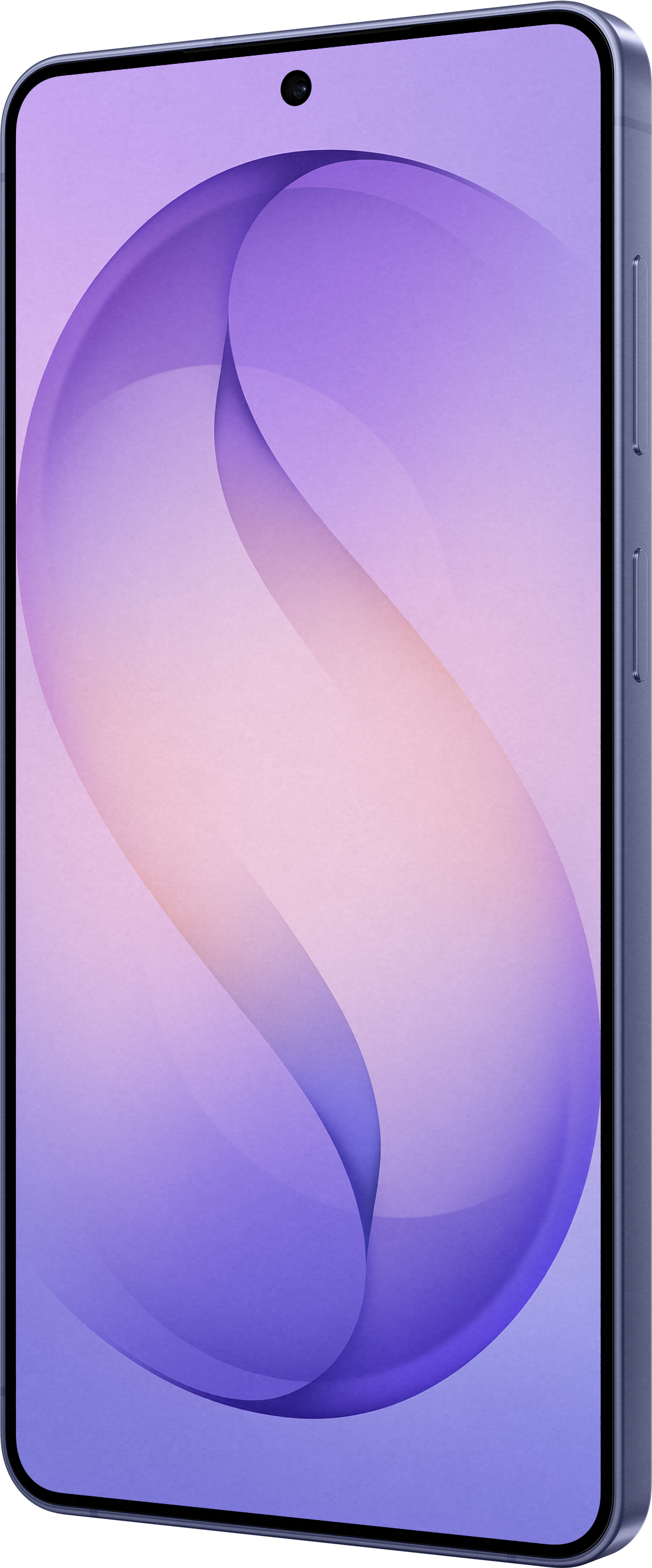 Uno smartphone mostra uno sfondo viola fluido e bicolore con fotocamera frontale.
