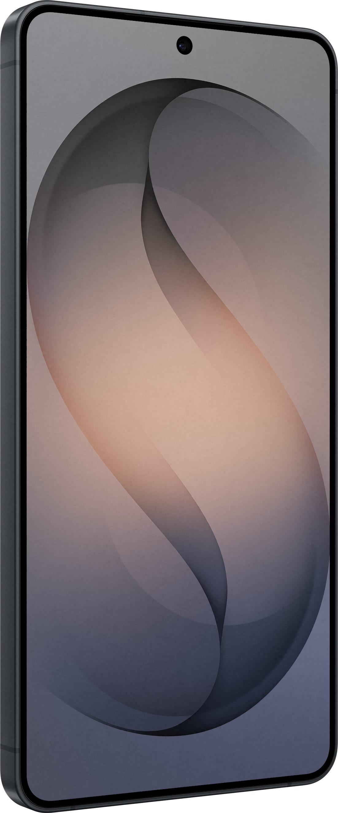 Ein dunkles Smartphone mit einem abstrakten, geschwungenen Hintergrund in Grautönen.