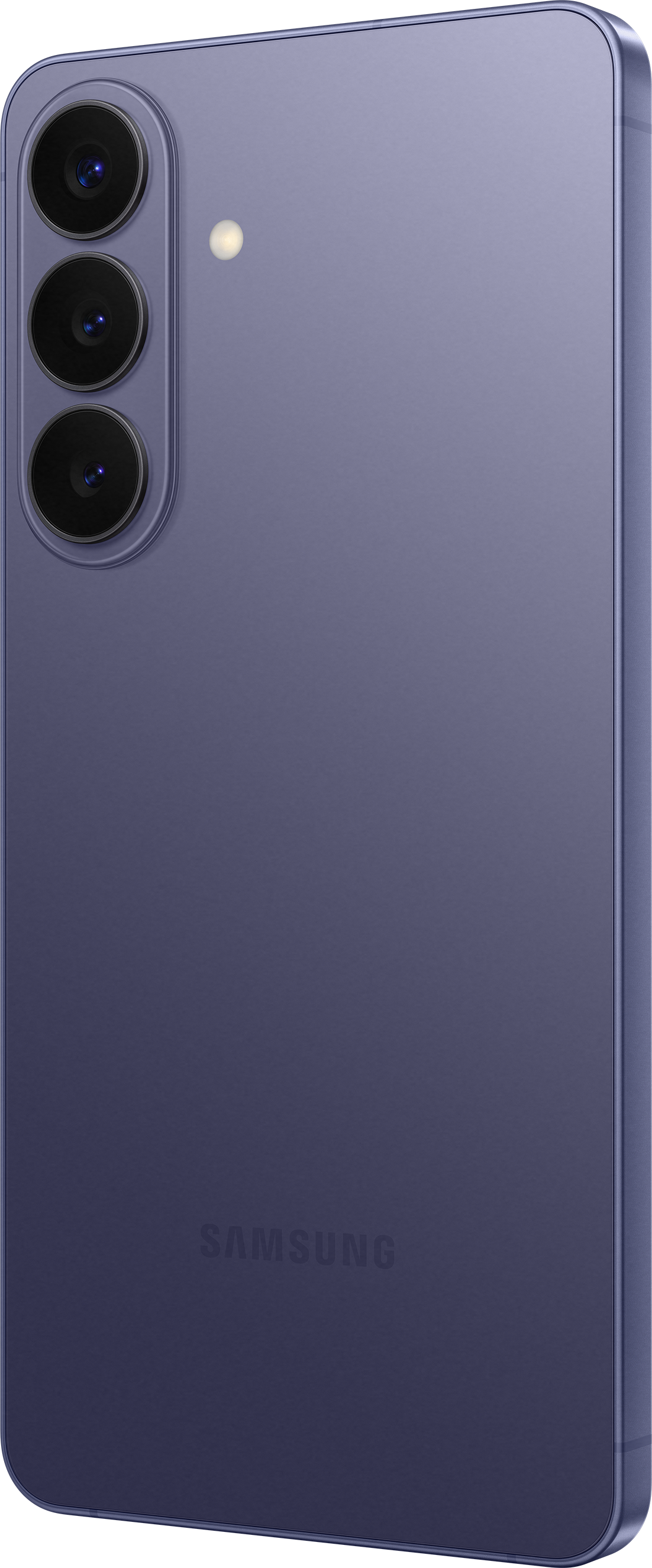 Retro di uno smartphone viola con tre fotocamere e flash.
