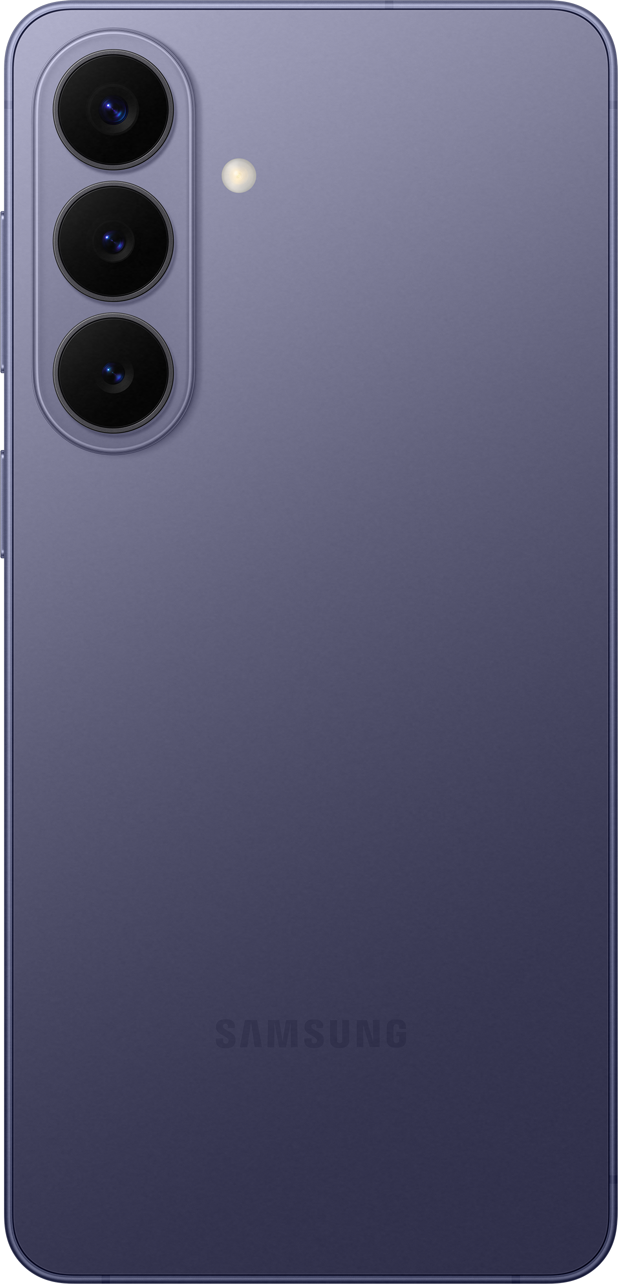 Retro di uno smartphone Samsung viola con tre fotocamere e flash.