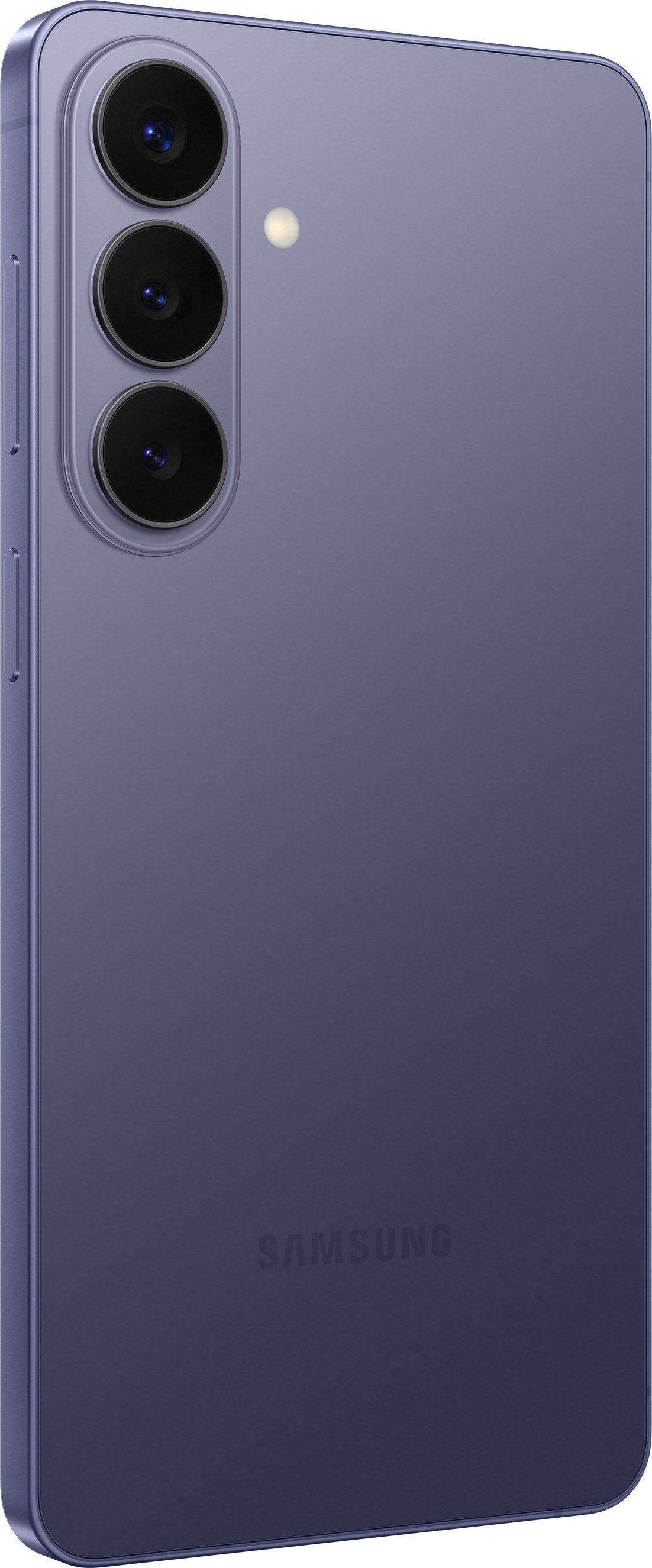 Retro di uno smartphone Samsung viola con tre obiettivi e flash.