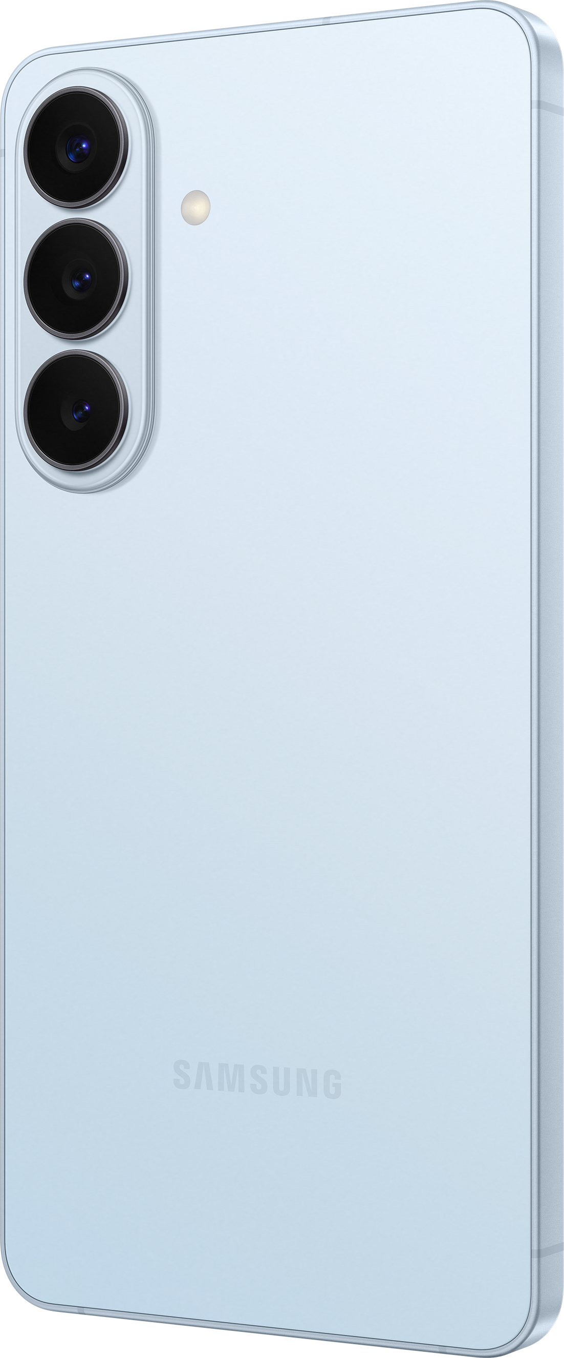 Rückseite eines hellblauen Smartphones mit drei Kameras und einem Blitz.