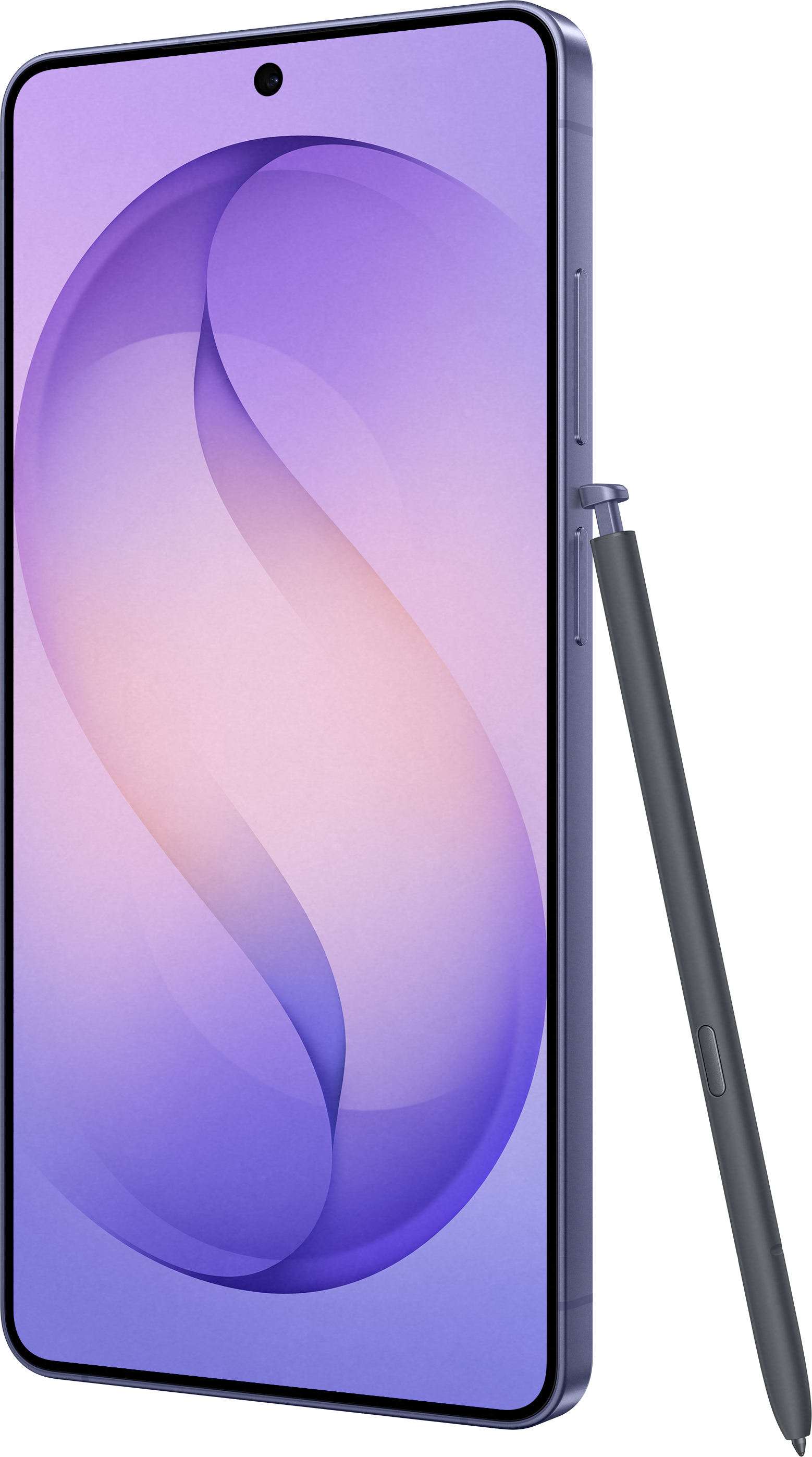 Ein blaues Smartphone mit Stift, das auf der rechten Seite daneben liegt. Der Bildschirm zeigt ein lila Muster.