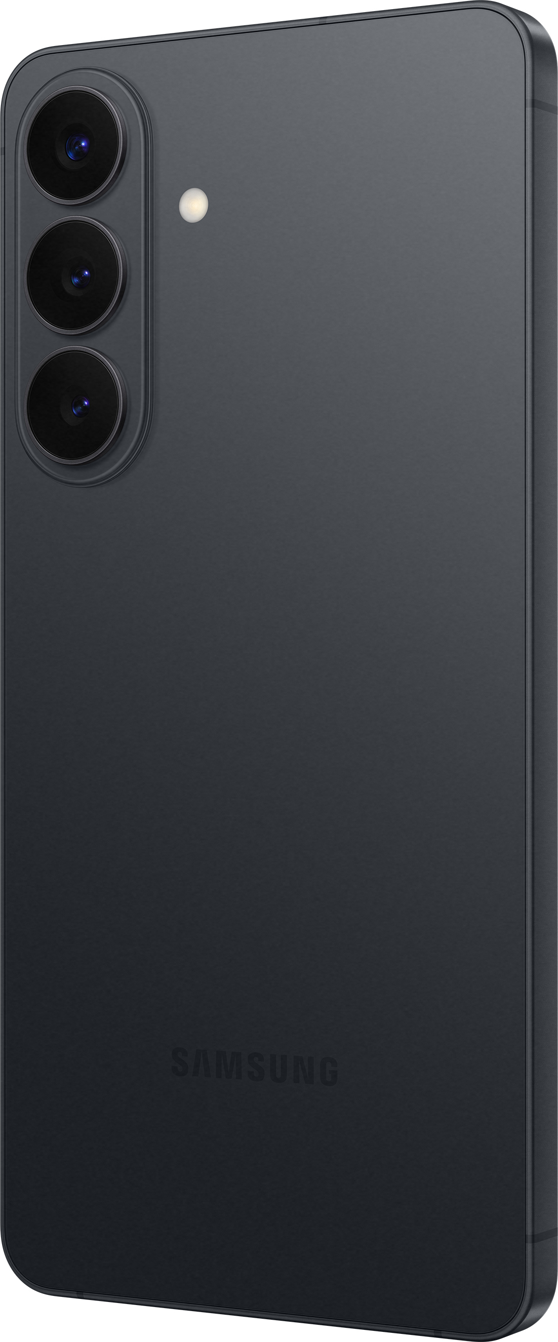 Rückseite eines dunklen Samsung-Smartphones mit drei Kameras und Blitz.