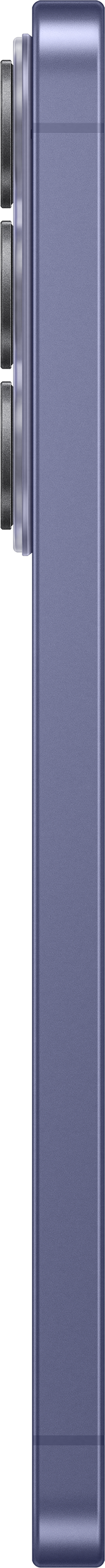 Primo piano di uno smartphone viola con tre obiettivi della fotocamera sul lato sinistro.