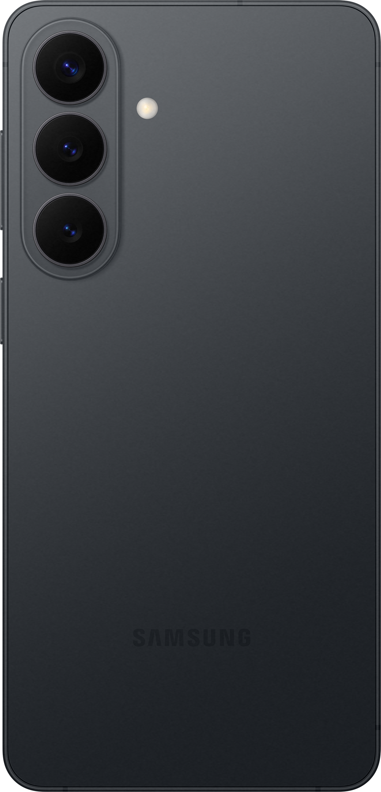 Rückseite eines dunklen Samsung-Smartphones mit drei Kameralinsen und Blitz.