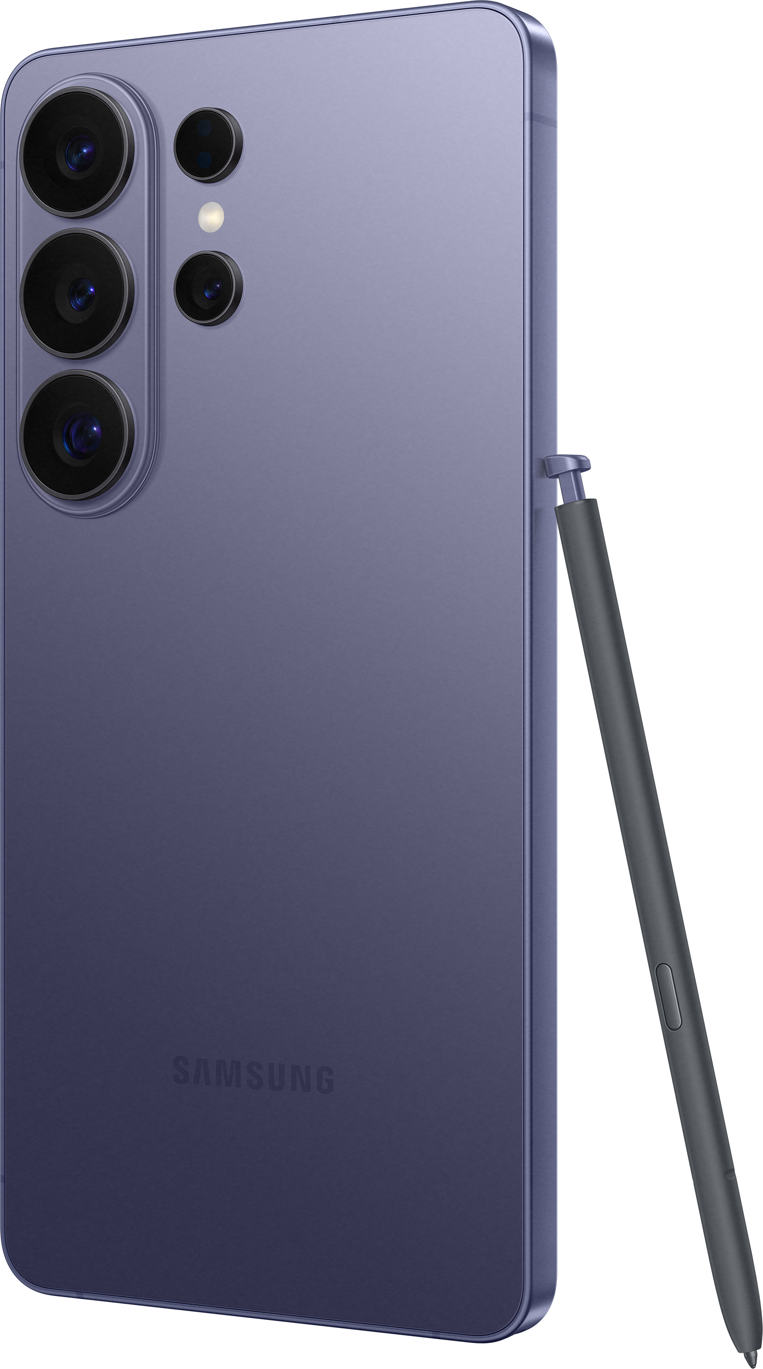 Ein lila Samsung Smartphone mit Stift. Kameramodul und Logo sichtbar.