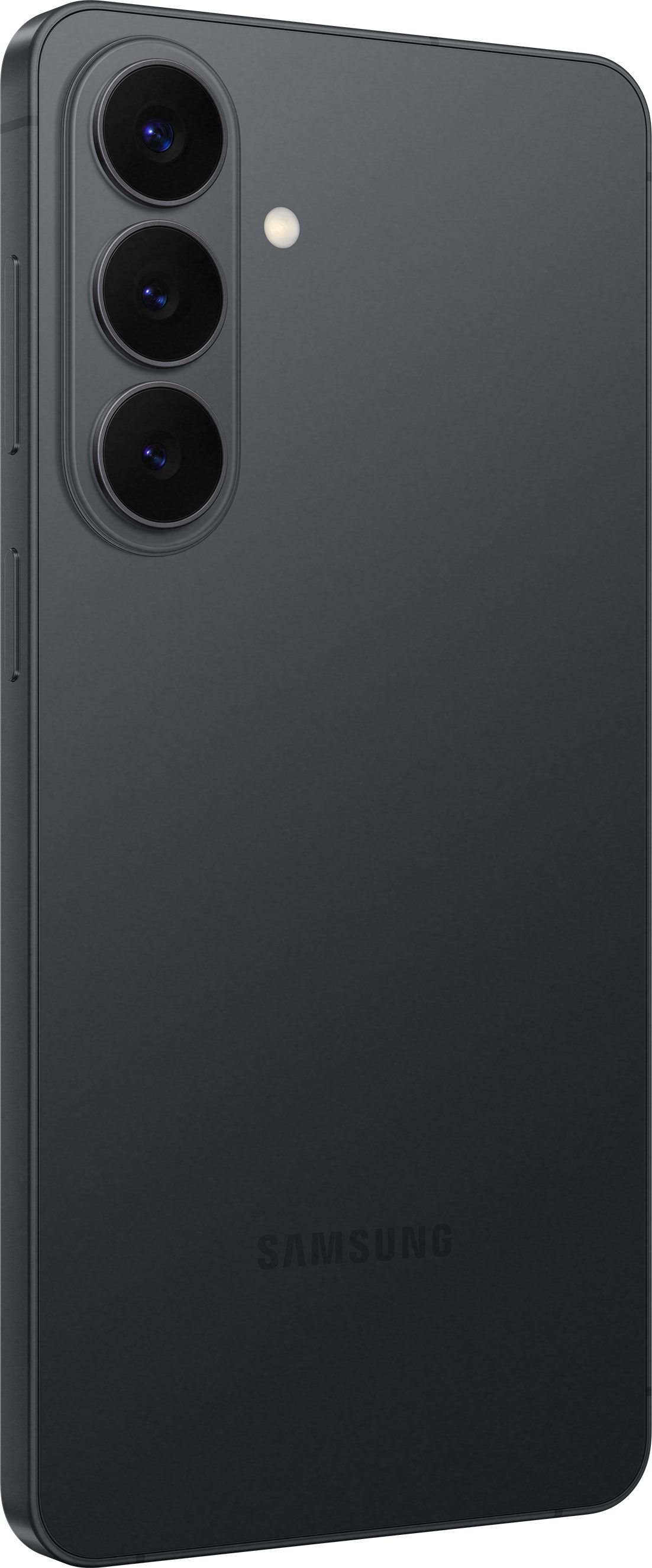 Dunkelgraues Smartphone mit drei Kameras und Blitz auf der Rückseite.