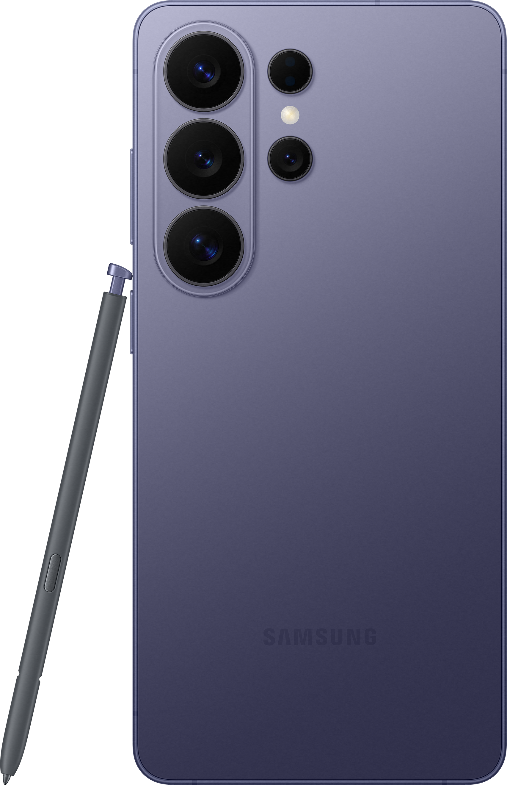 Ein lila Smartphone mit Stift und vier Kameras auf der Rückseite.
